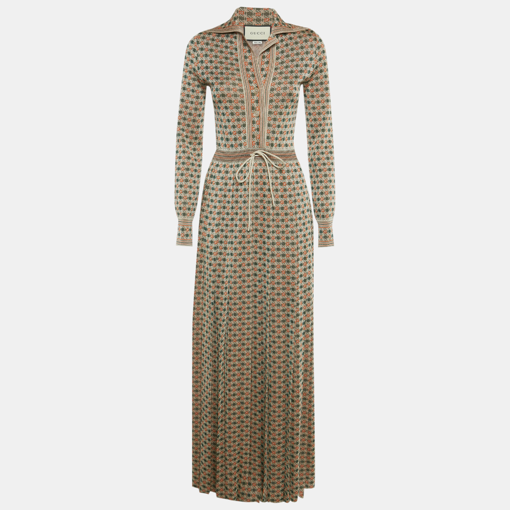 

Gucci Beige/Green Patterned Lamé Knit Drawstring Maxi Dress XS