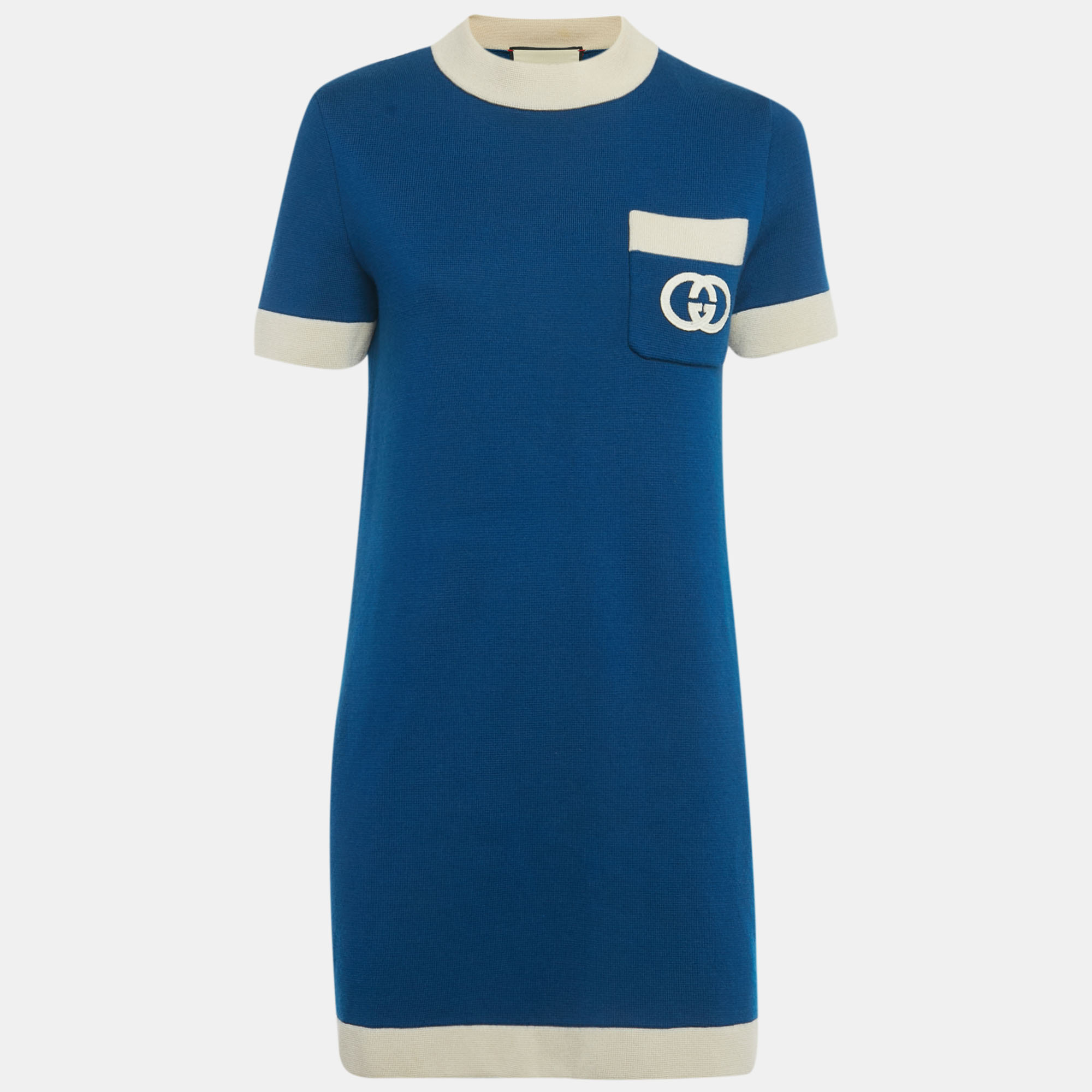 Gucci Blue GG Embroidered Knit Mini Dress M