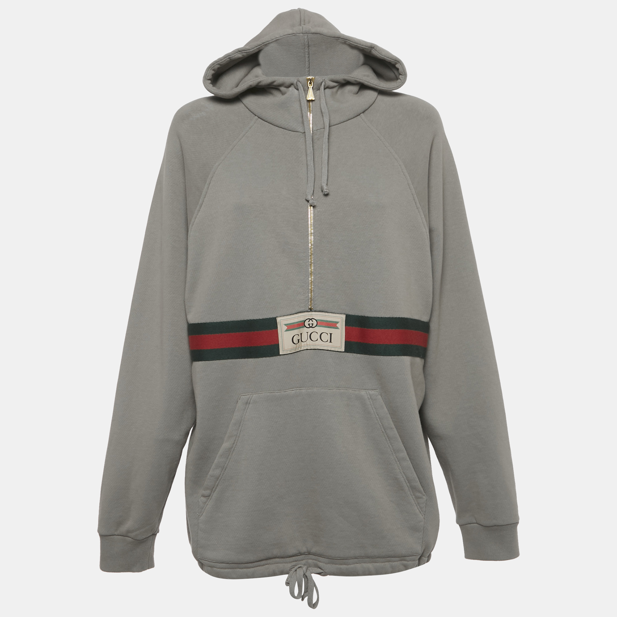 Gucci Grey Web Applique Cotton Knit Oversized Hoodie S
