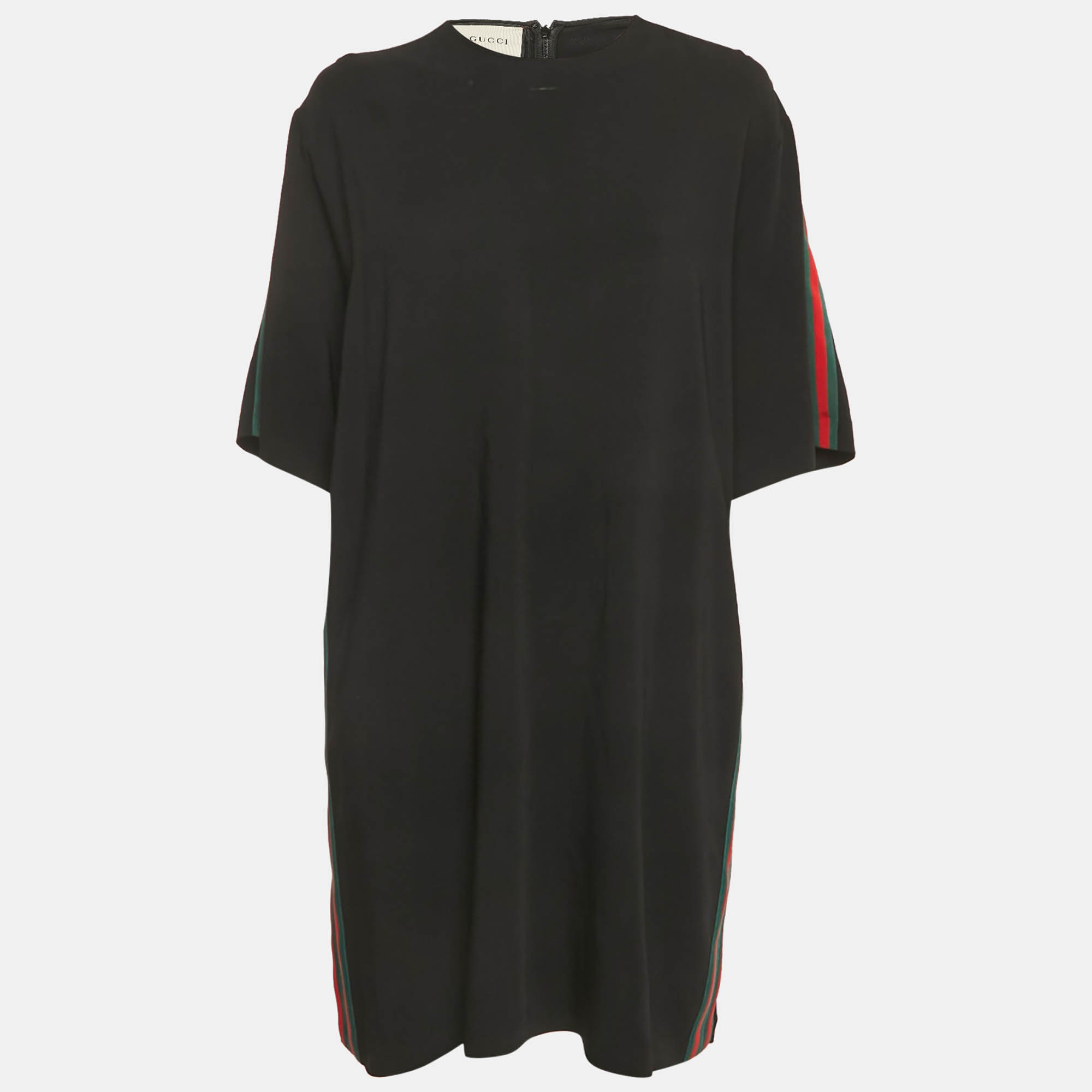 Pre-owned Gucci Black Web Trim Crepe Shift Dress Xl