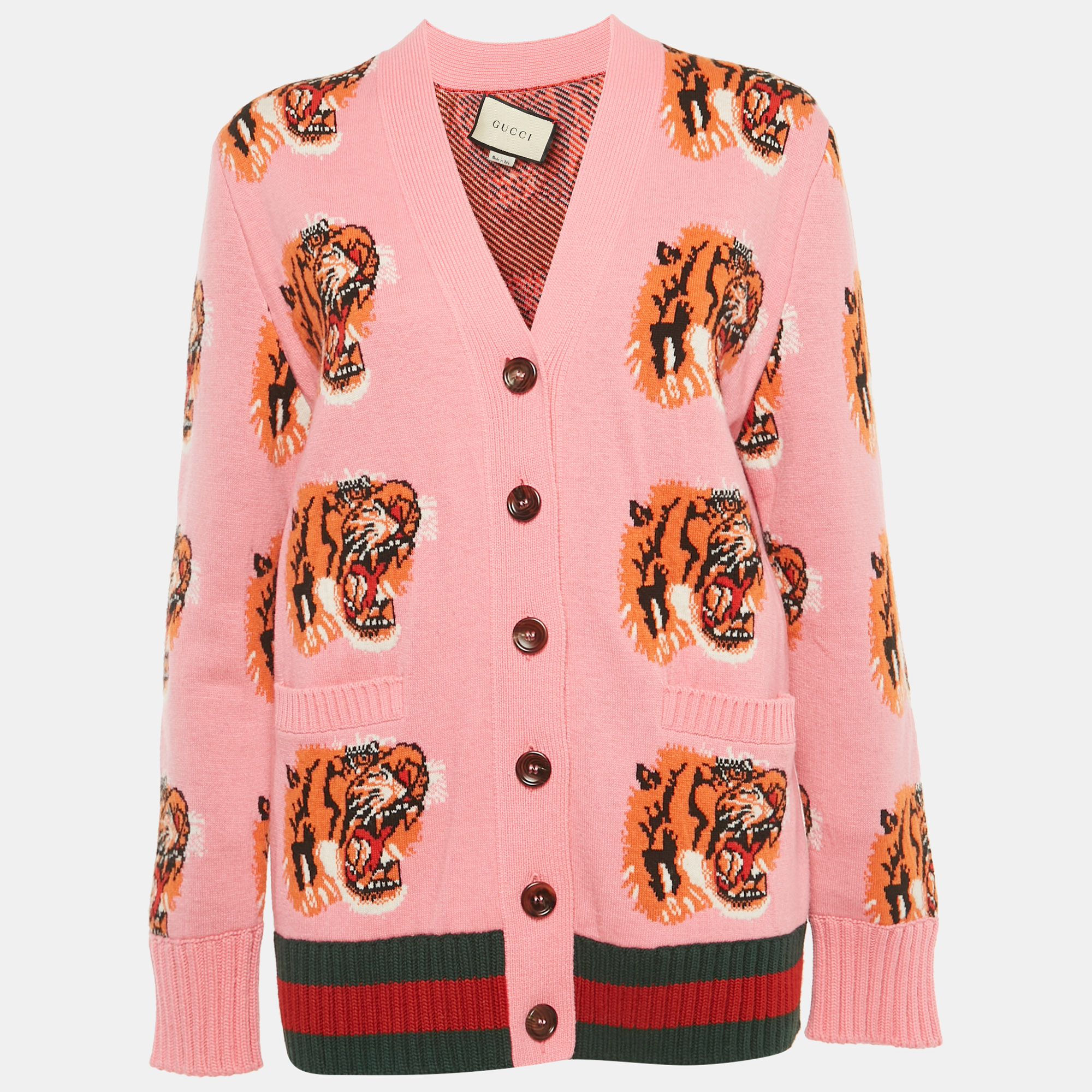 

Gucci Pink Tiger Intarsia Wool Oversized Cardigan S