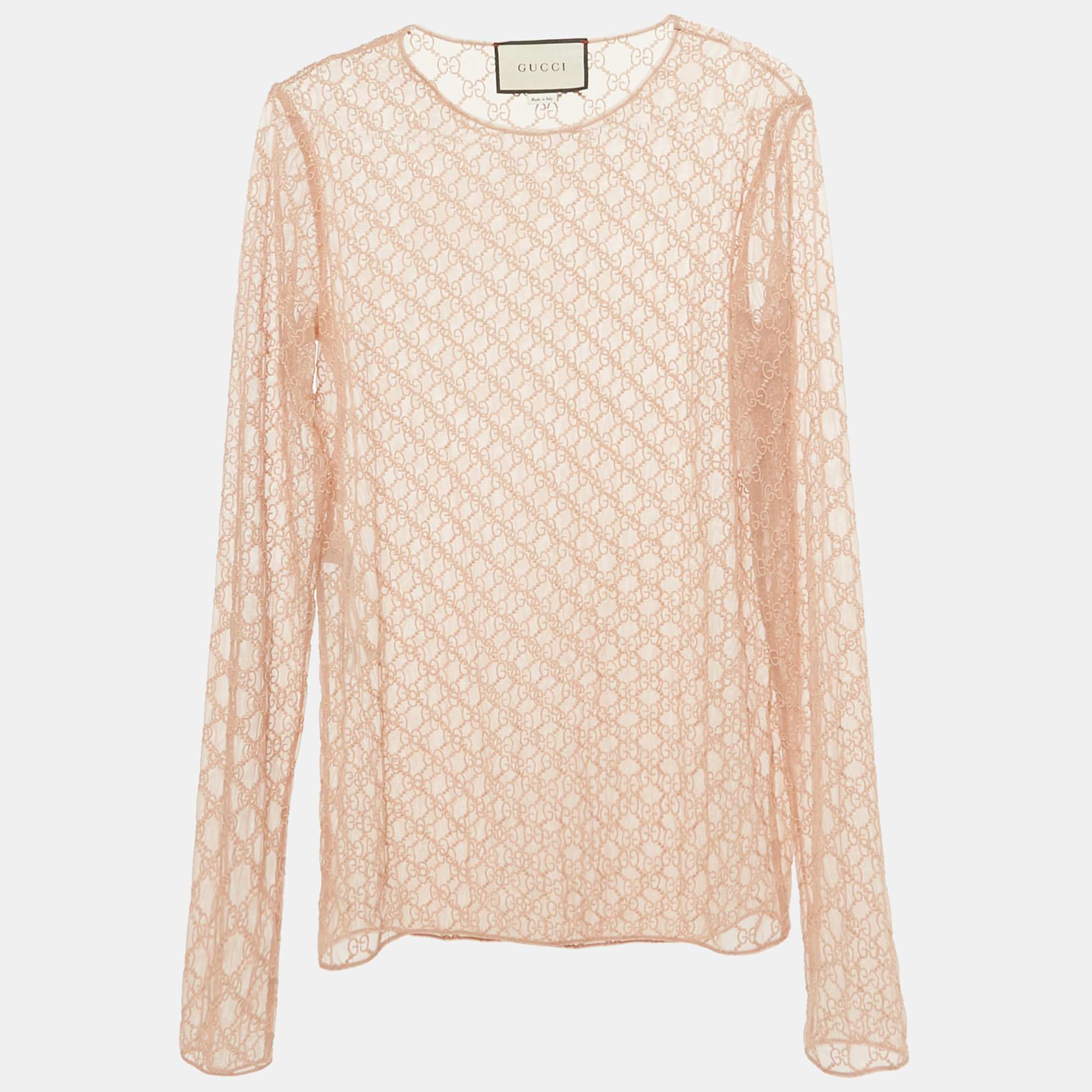

Gucci Pink GG Embroidered Tulle Long Sleeve Sheer Top S