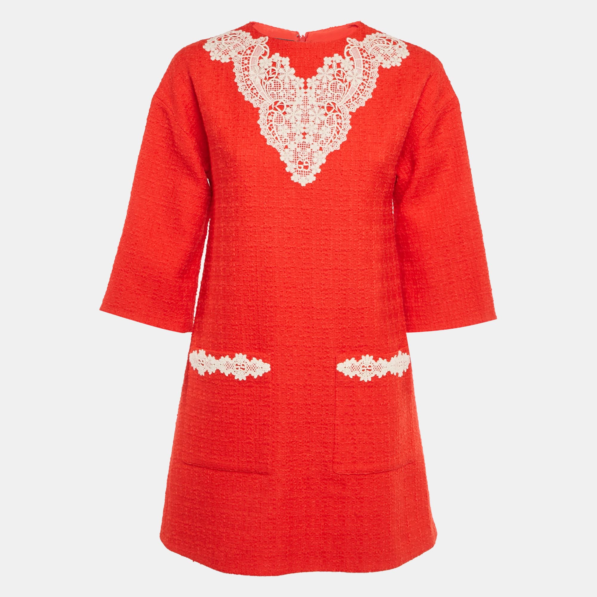 

Gucci Red Lace Trim Tweed Shift Dress S