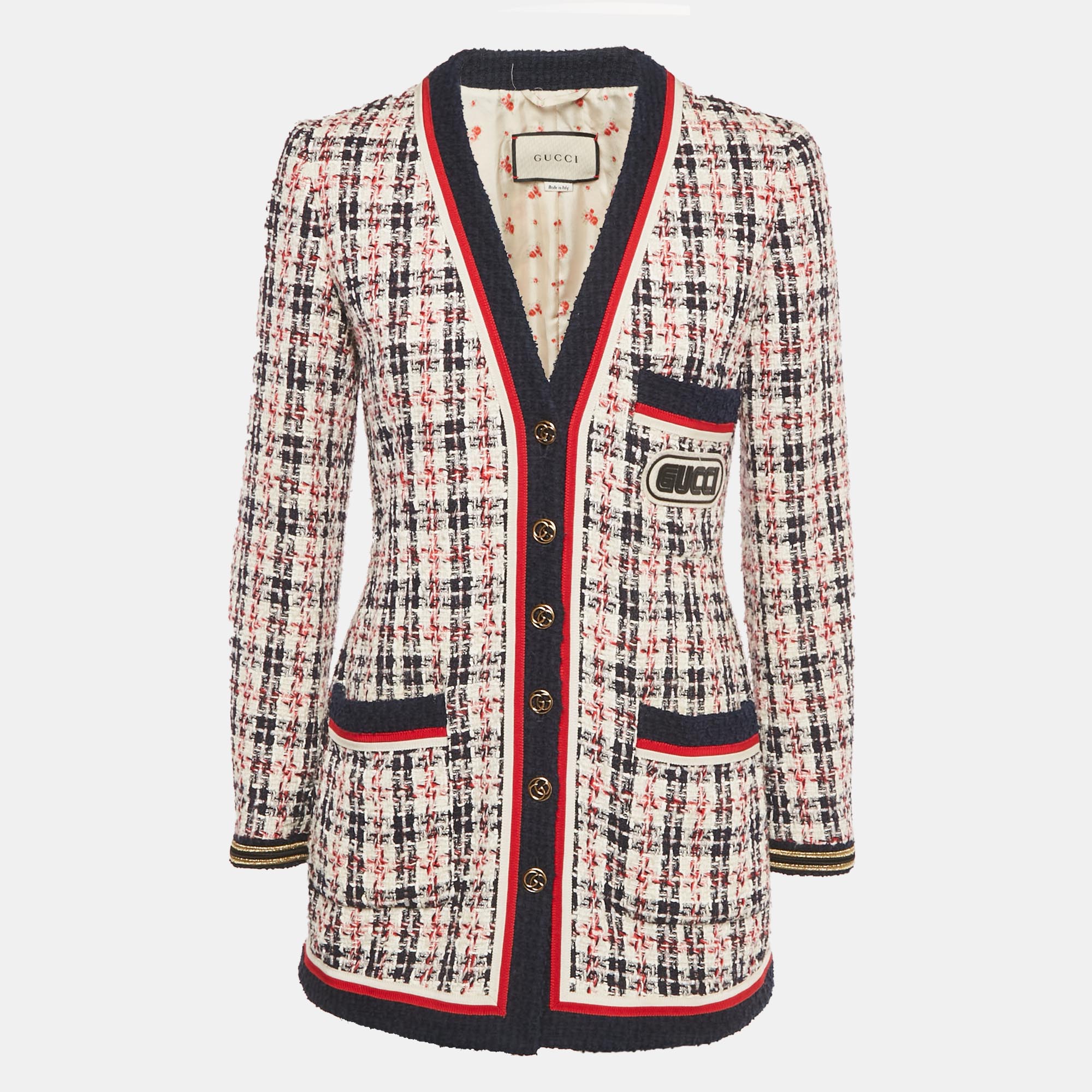 Pre-owned Gucci Blue Logo Patch Tweed Long Jacket S