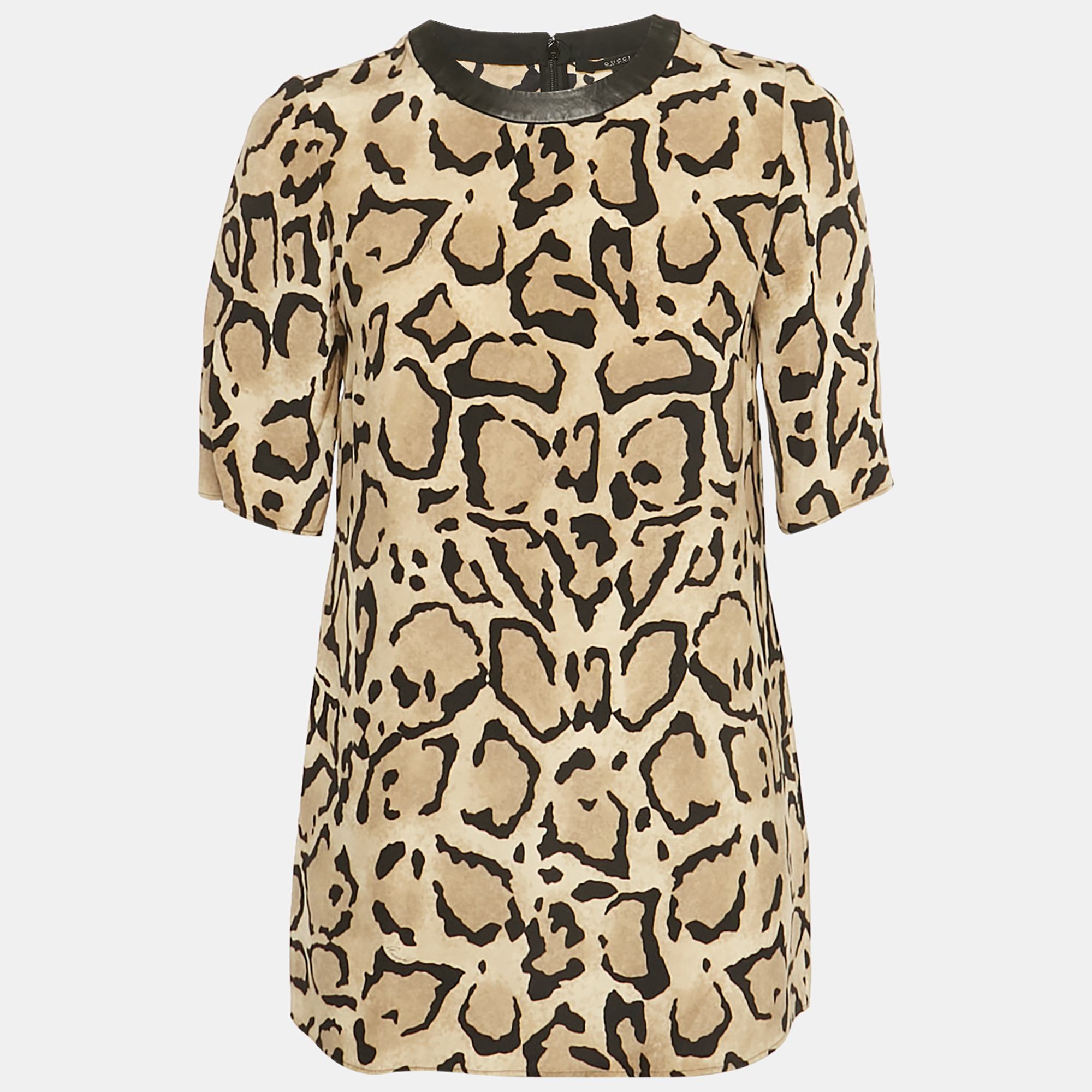 Pre-owned Gucci Brown Animal Print Silk Leather Collar Blouse S