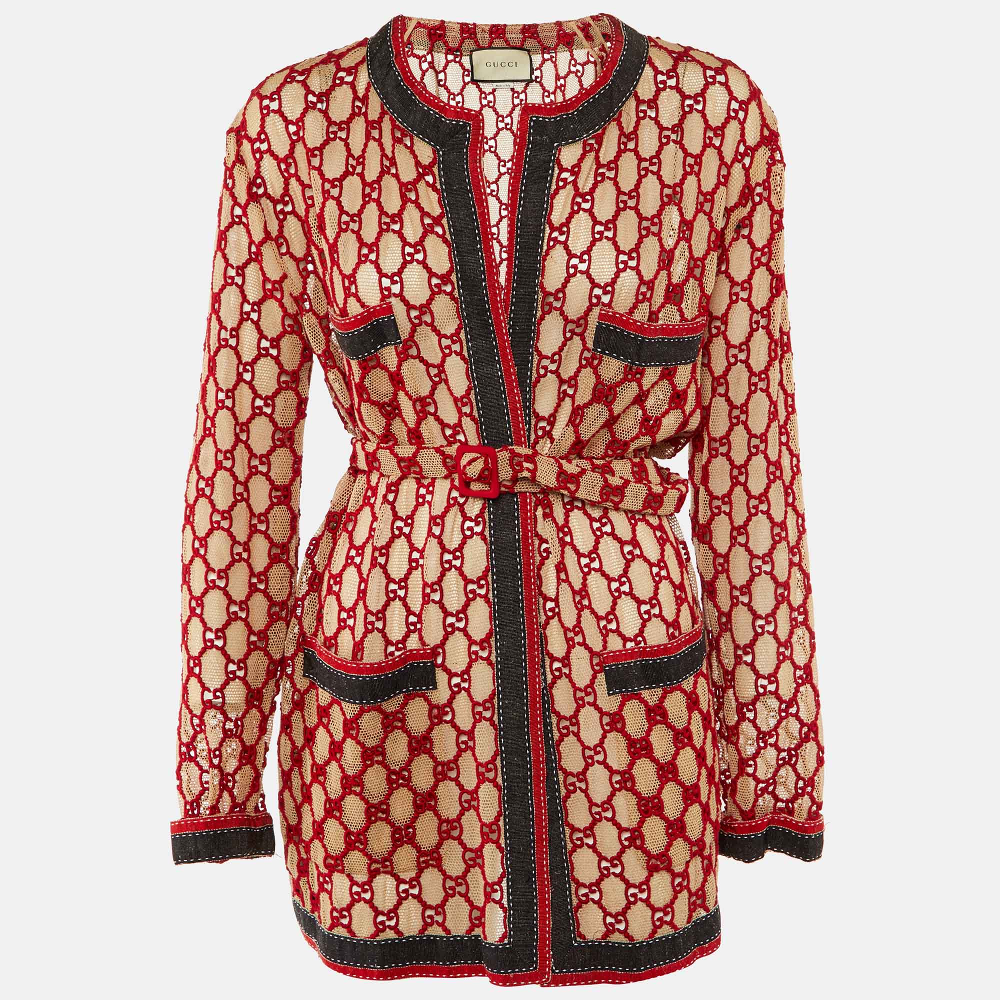 

Gucci Red GG Macrame Open Front Belted Jacket S/M