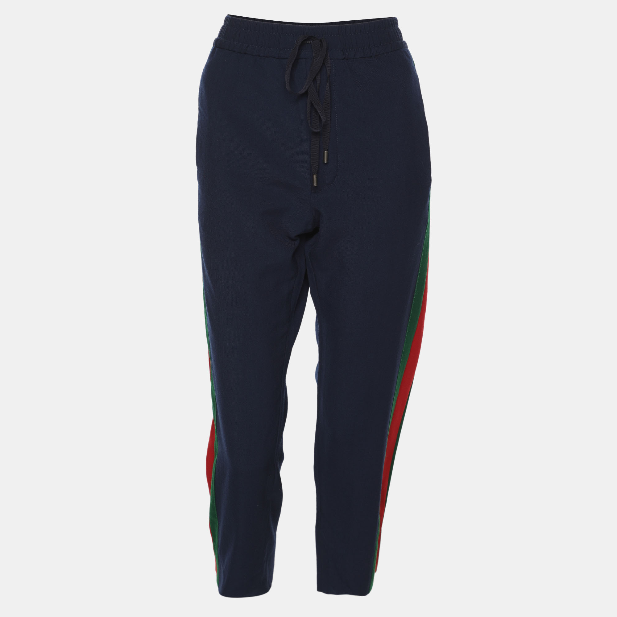 Pre-owned Gucci Navy Blue Wool Blend Web Striped Cropped Pants M