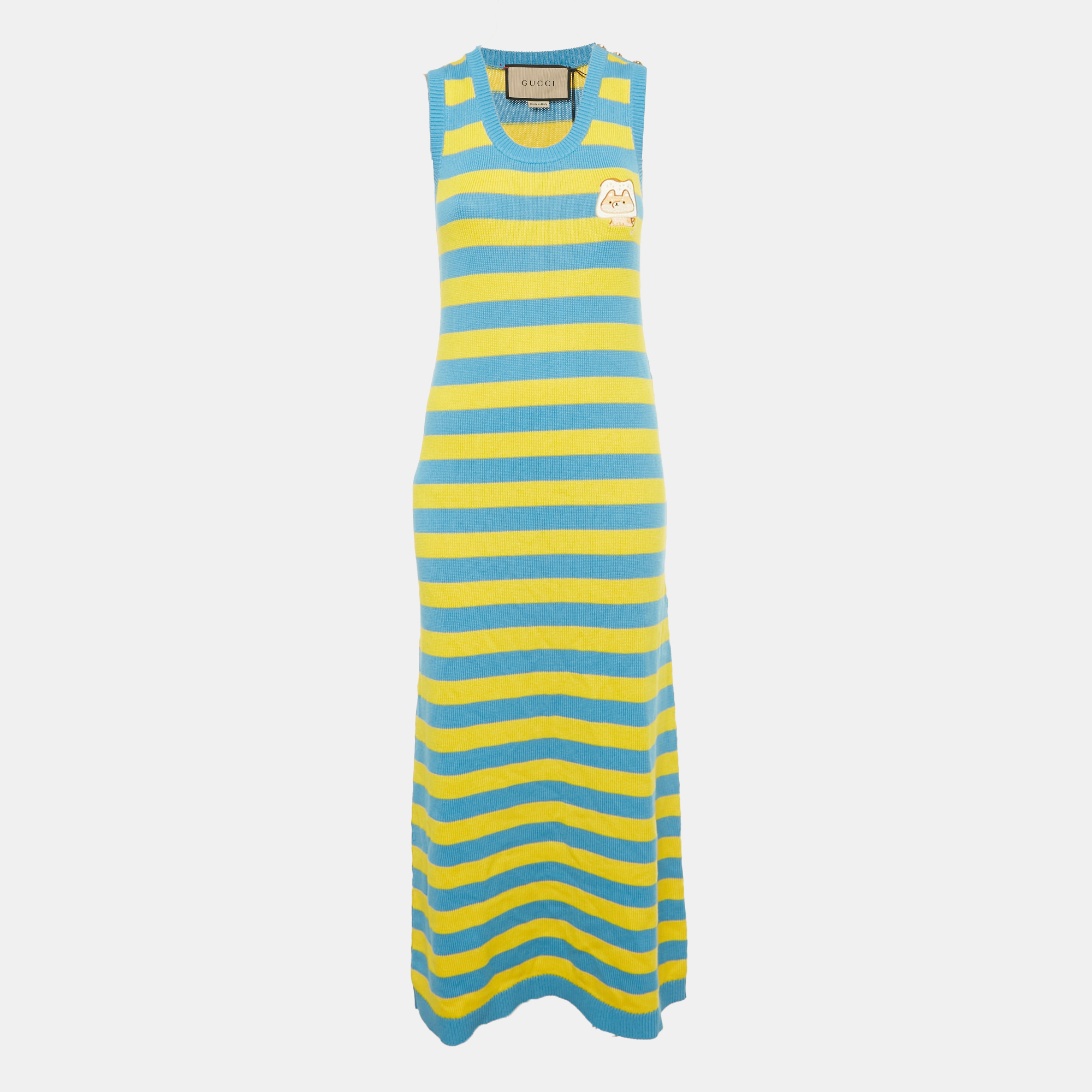 Pre-owned Gucci Blue/yellow Striped Wool Knit Kawaii Appliqué Maxi Dress S