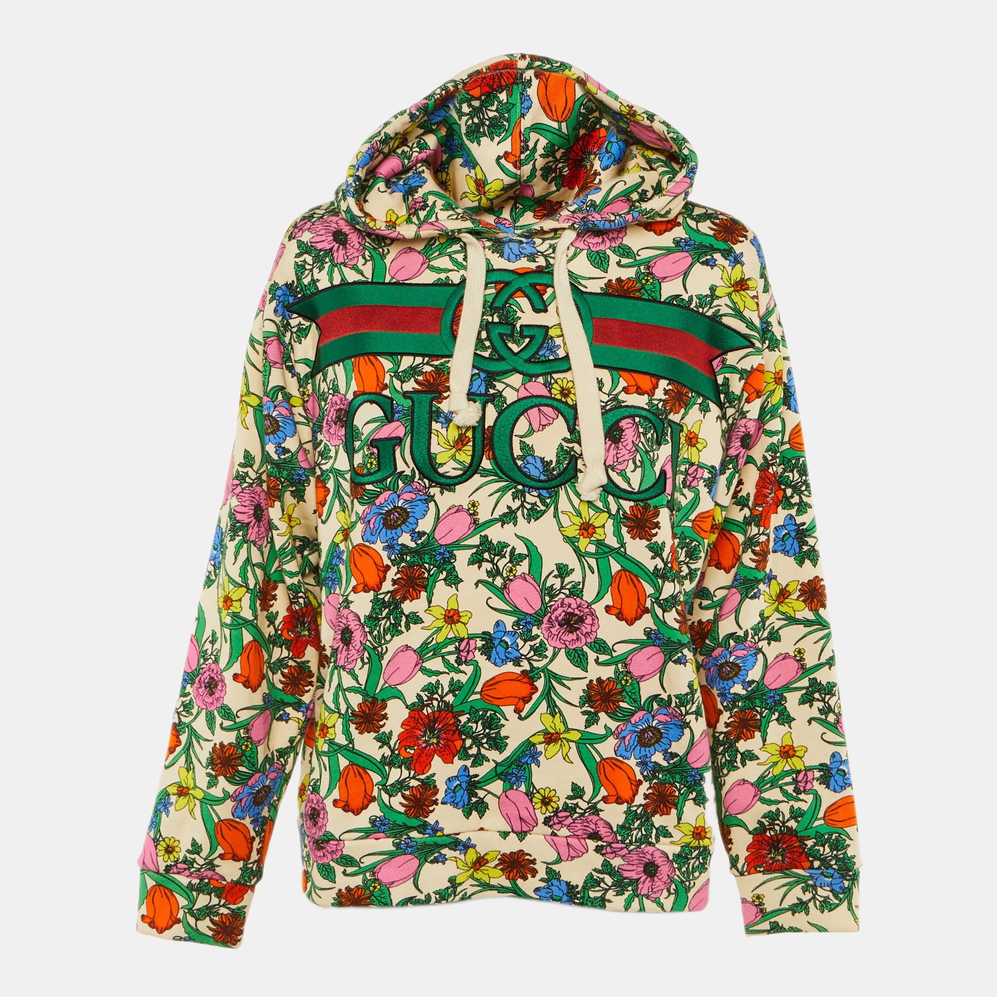 Pre-owned Gucci Beige Floral Print And Embroidered Cotton Knit Hoodie S In Sand