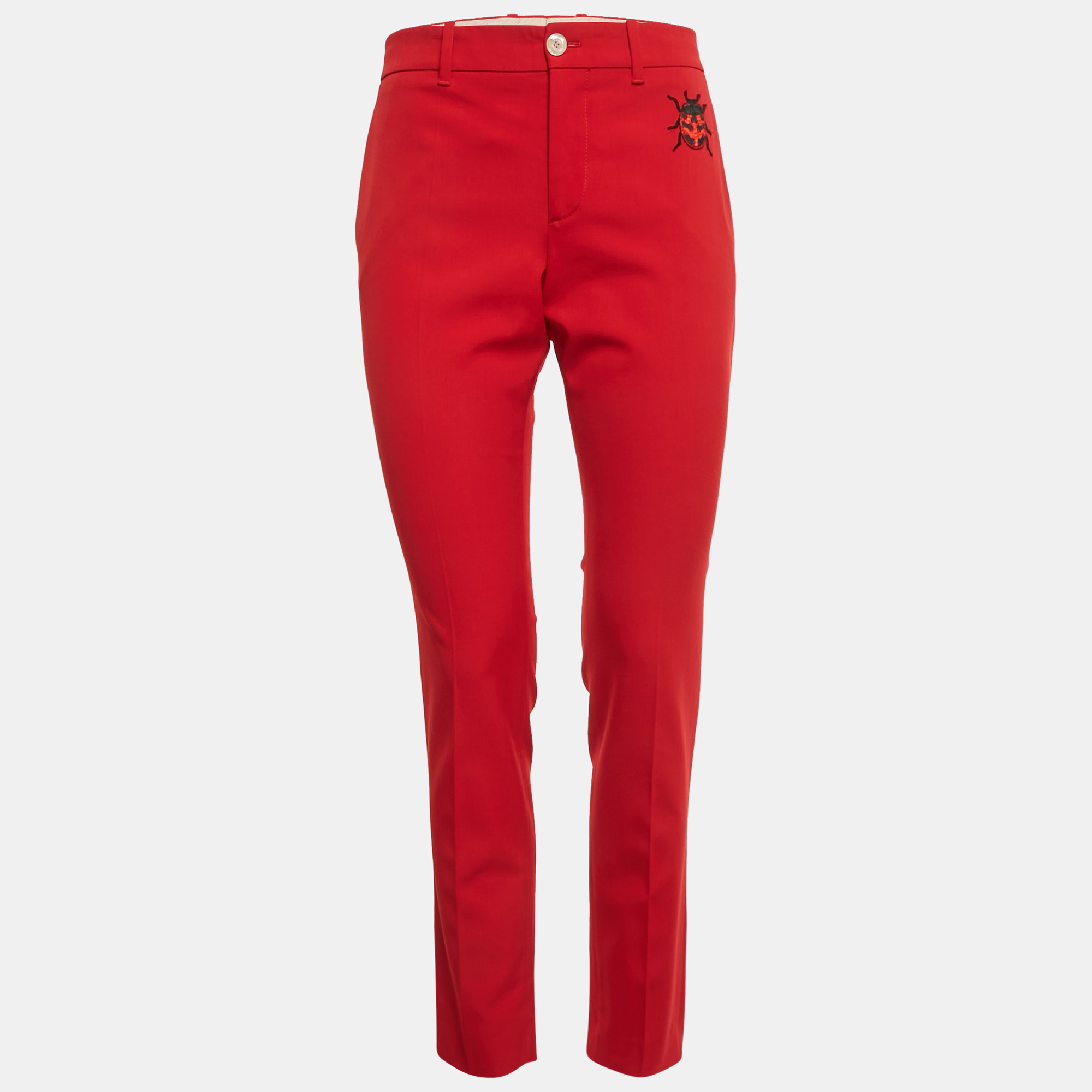 Click to view more detailed imagery on our partner's website Pre-owned Gucci Red Lady Bug Embroidered Wool Trousers M