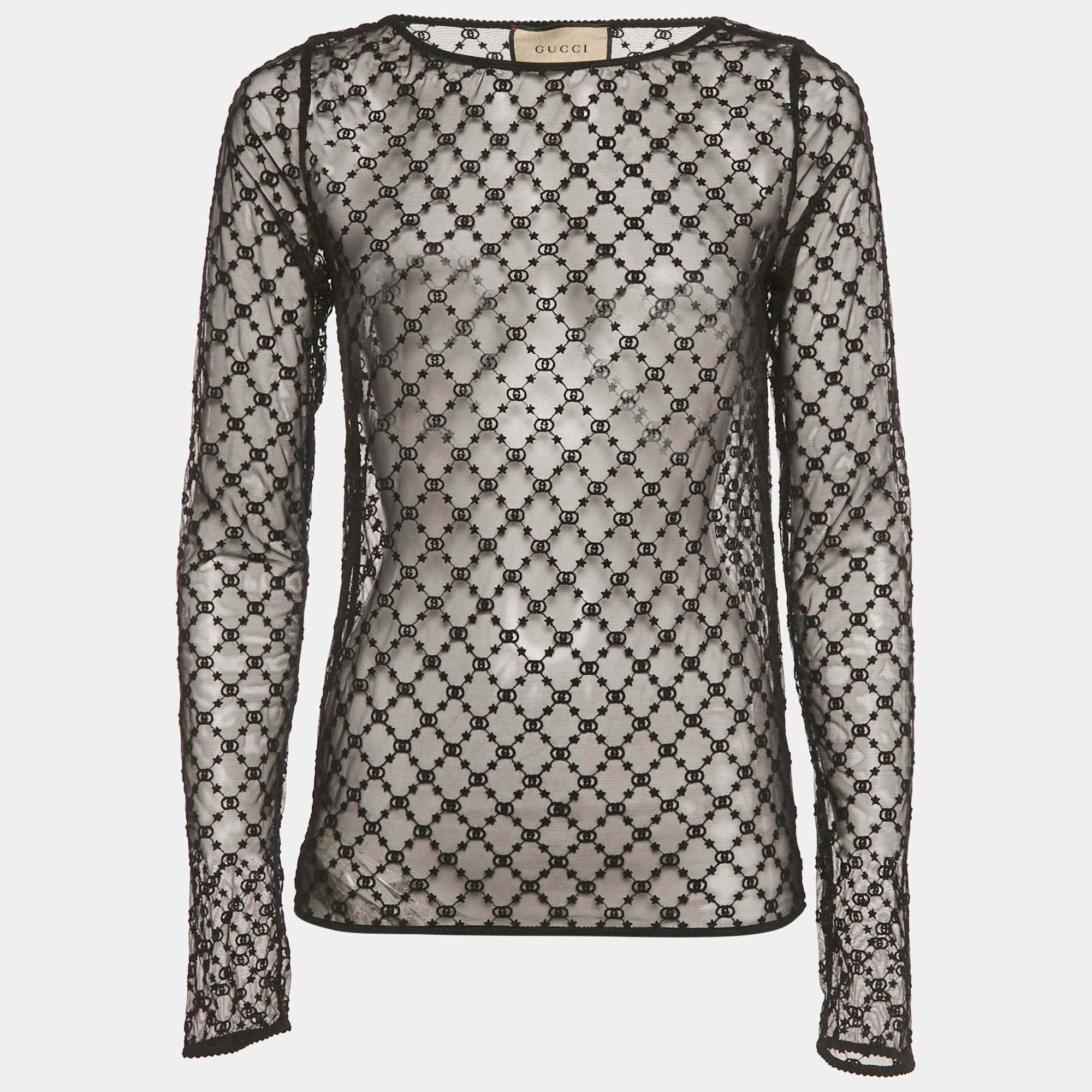 

Gucci Black GG and Stars Embroidered Tulle Sheer Top S