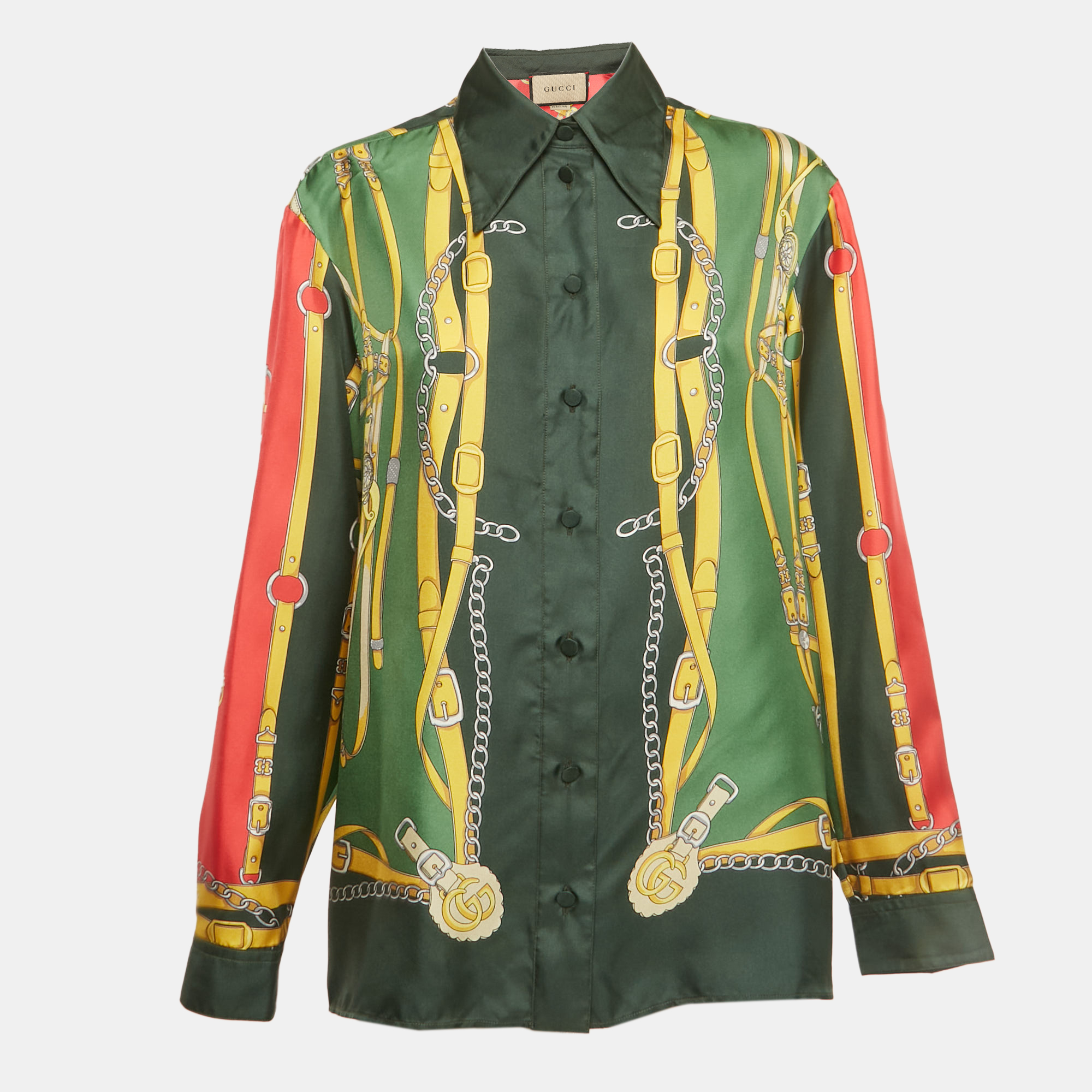Pre-owned Gucci Green/red Printed Silk Long Sleeve Shirt M