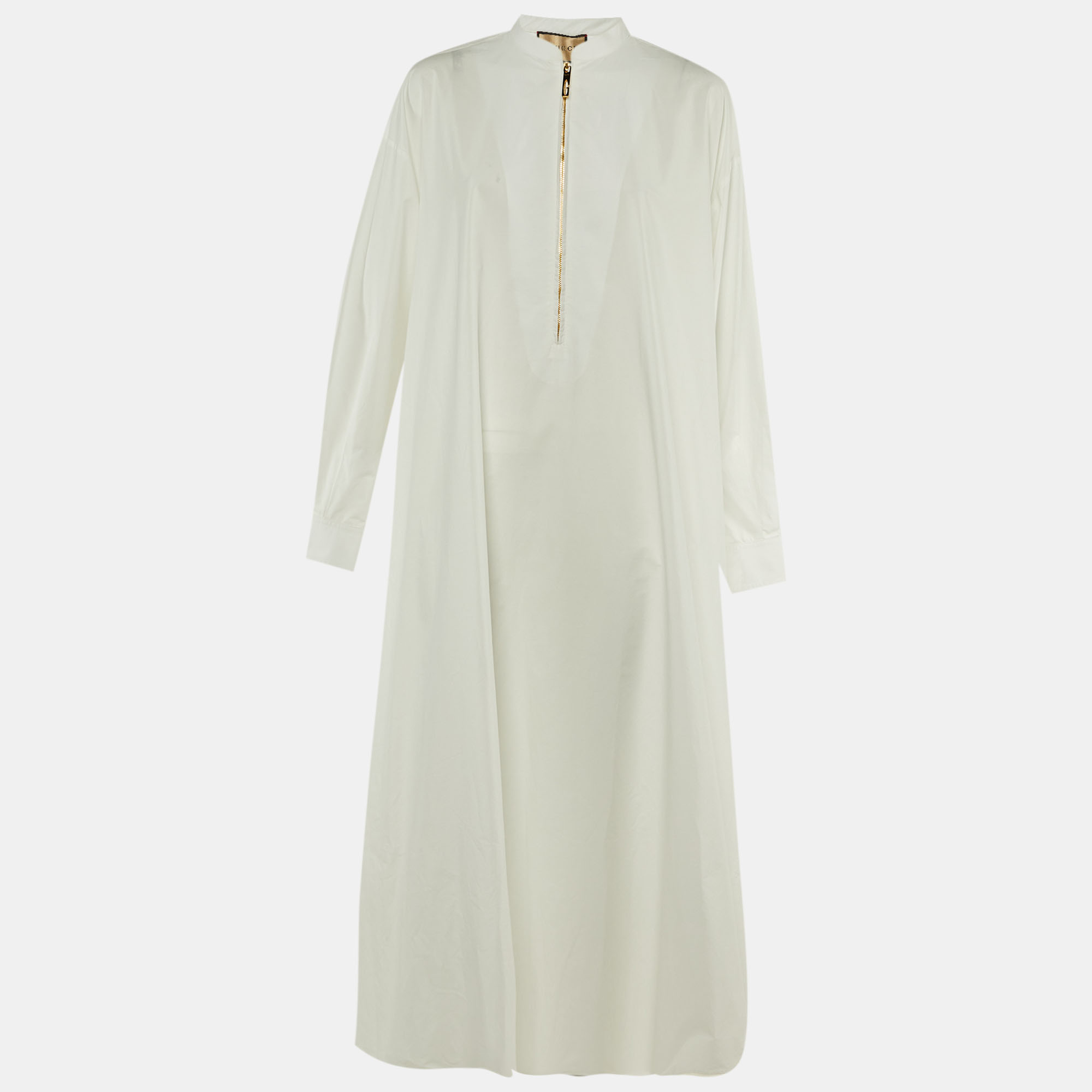 Pre-owned Gucci White Cotton Zip Up Maxi Dress M