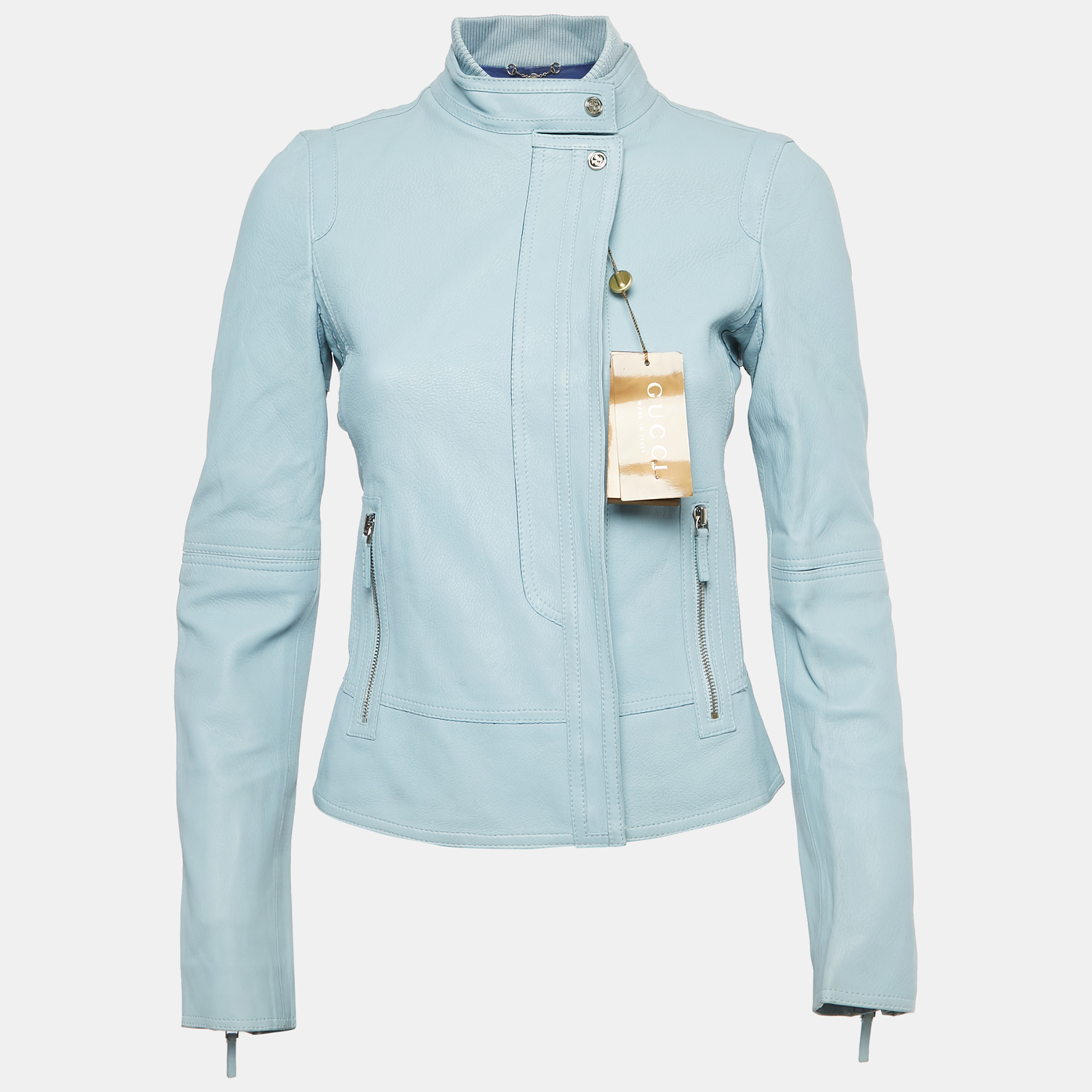 Pre-owned Gucci Baby Blue Leather Jacket S