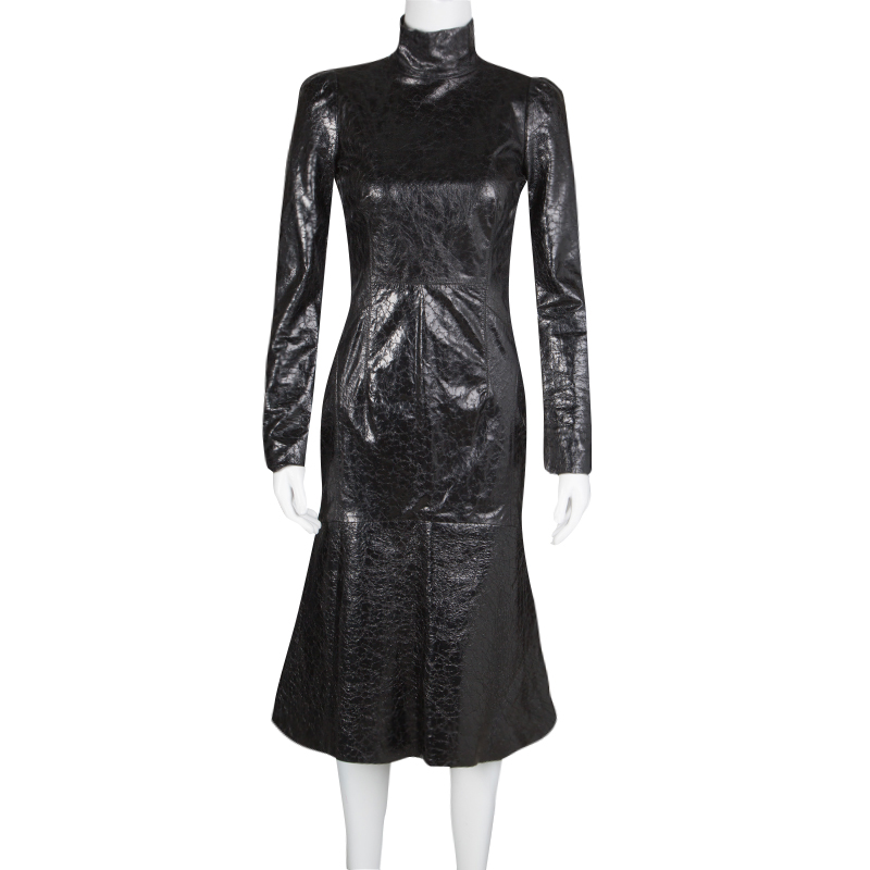 

Gucci Black Crackled Patent Leather Cut Out Back Detail Long Sleeve Dress