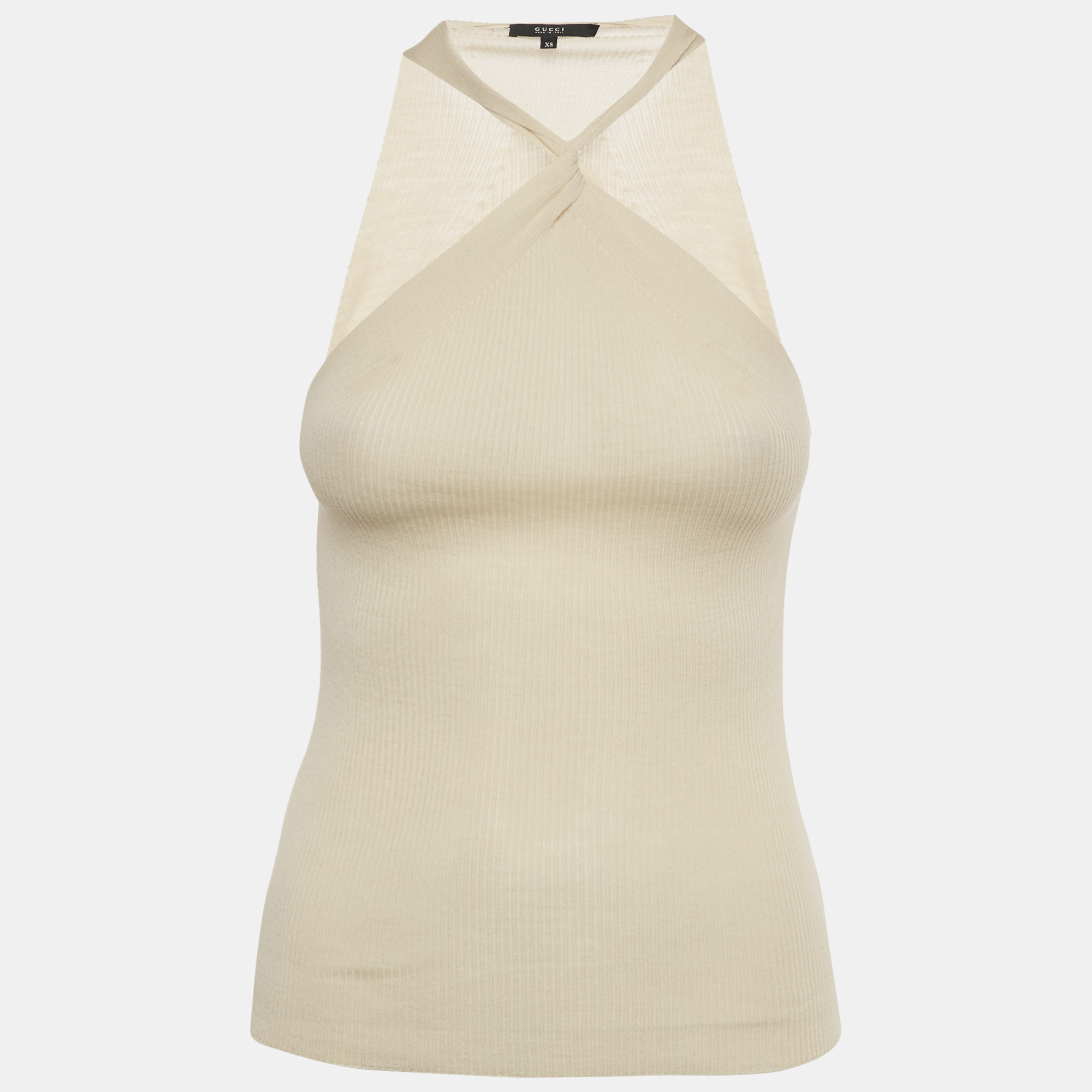 

Gucci Beige Rib Knit Twisted Neck Top XS
