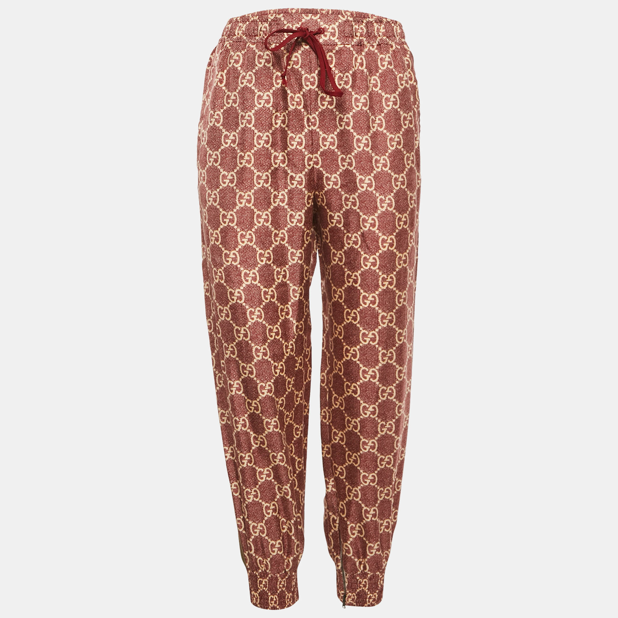 Pre-owned Gucci Red Gg Print Silk Jogger Pants M