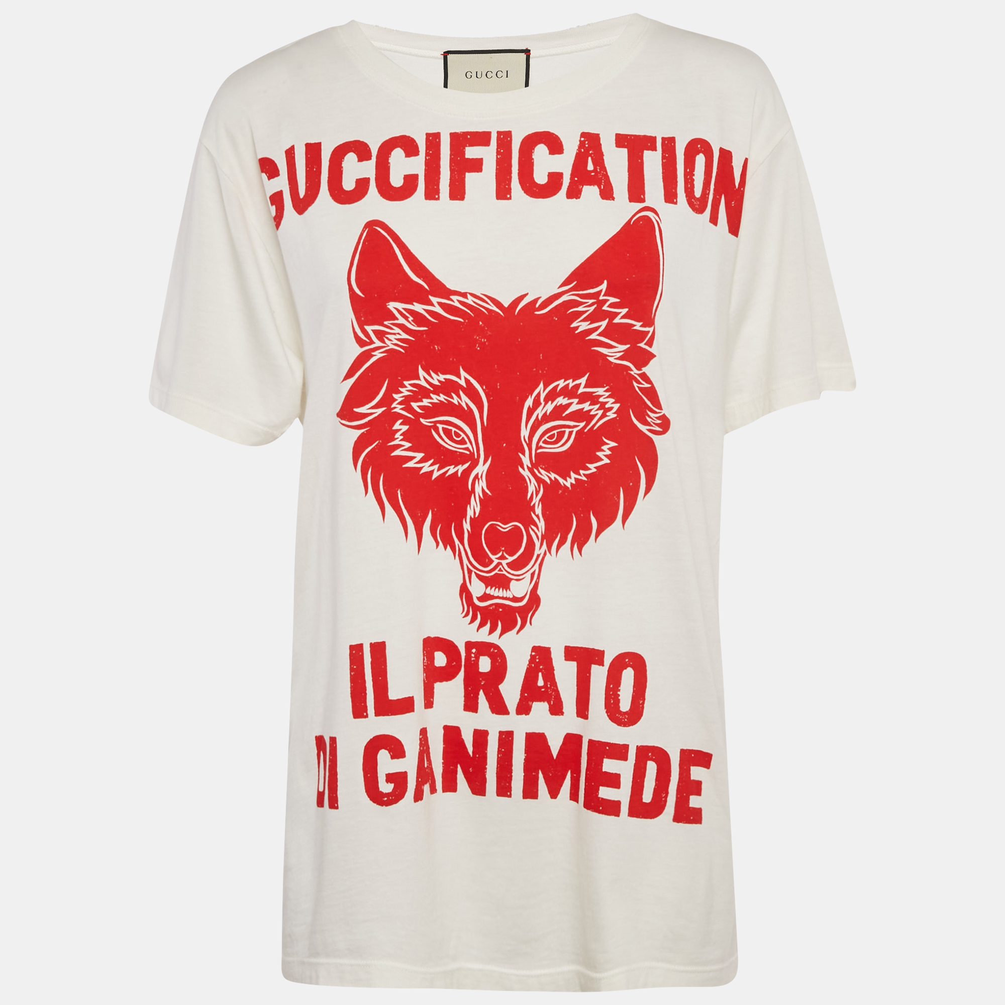 Pre-owned Gucci Cream Graphic Print Cotton Loose-fit T-shirt S In White