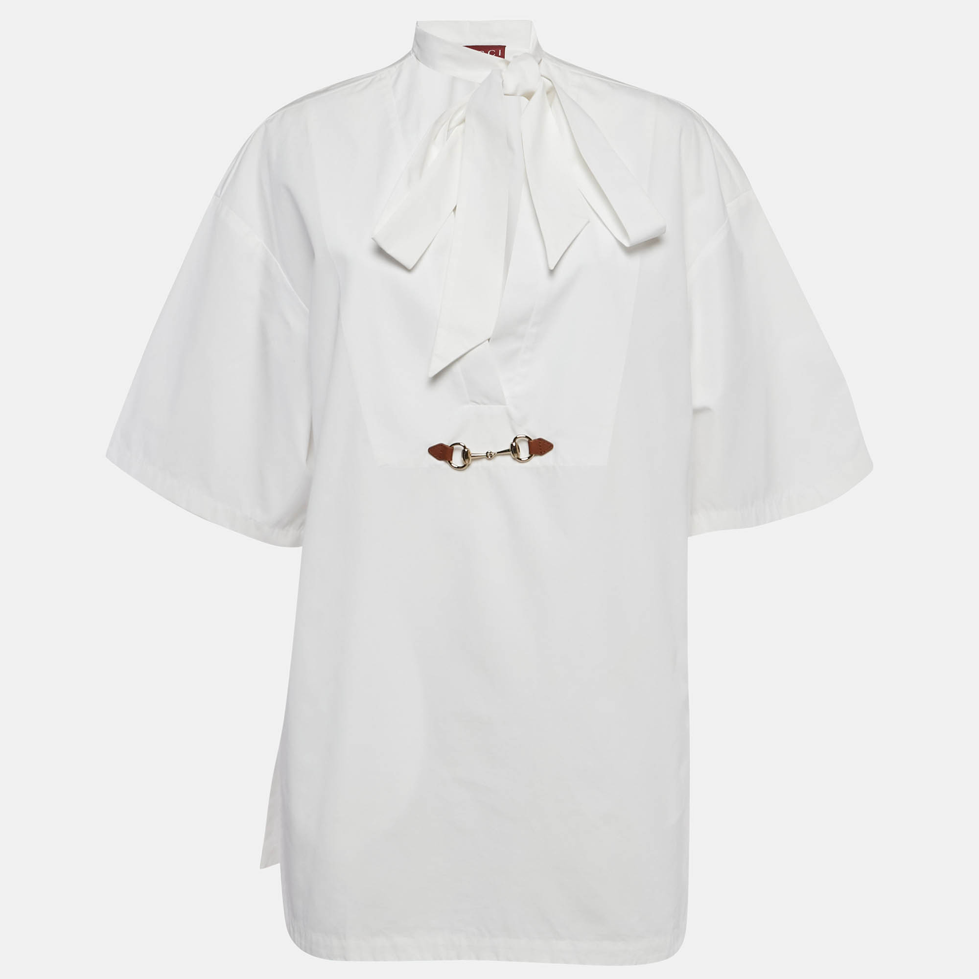 Click to view more detailed imagery on our partner's website Pre-owned Gucci White Cotton Horse Bit Detail Tunic Top S