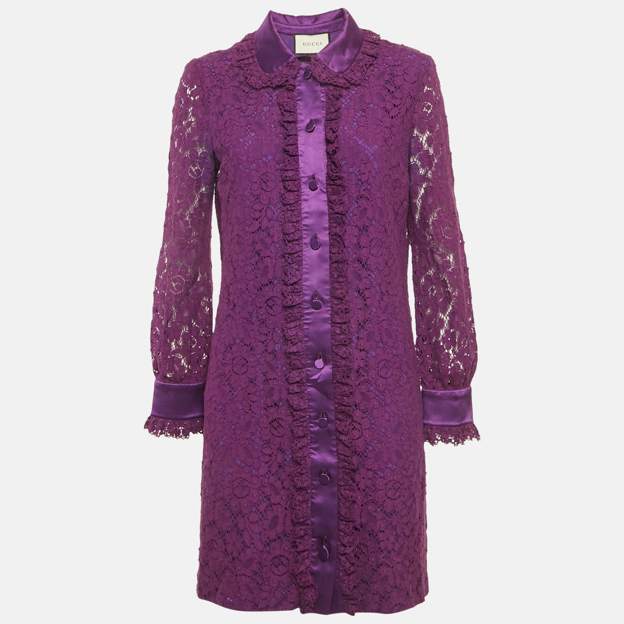 

Gucci Purple Lace Cotton Satin Trim Detail Shirt Dress M