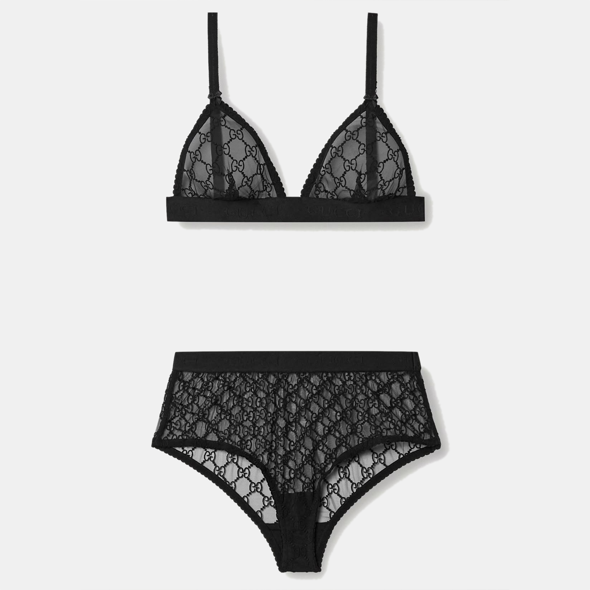 

Gucci Black GG Embroidered Tulle Sheer Lingerie Set L