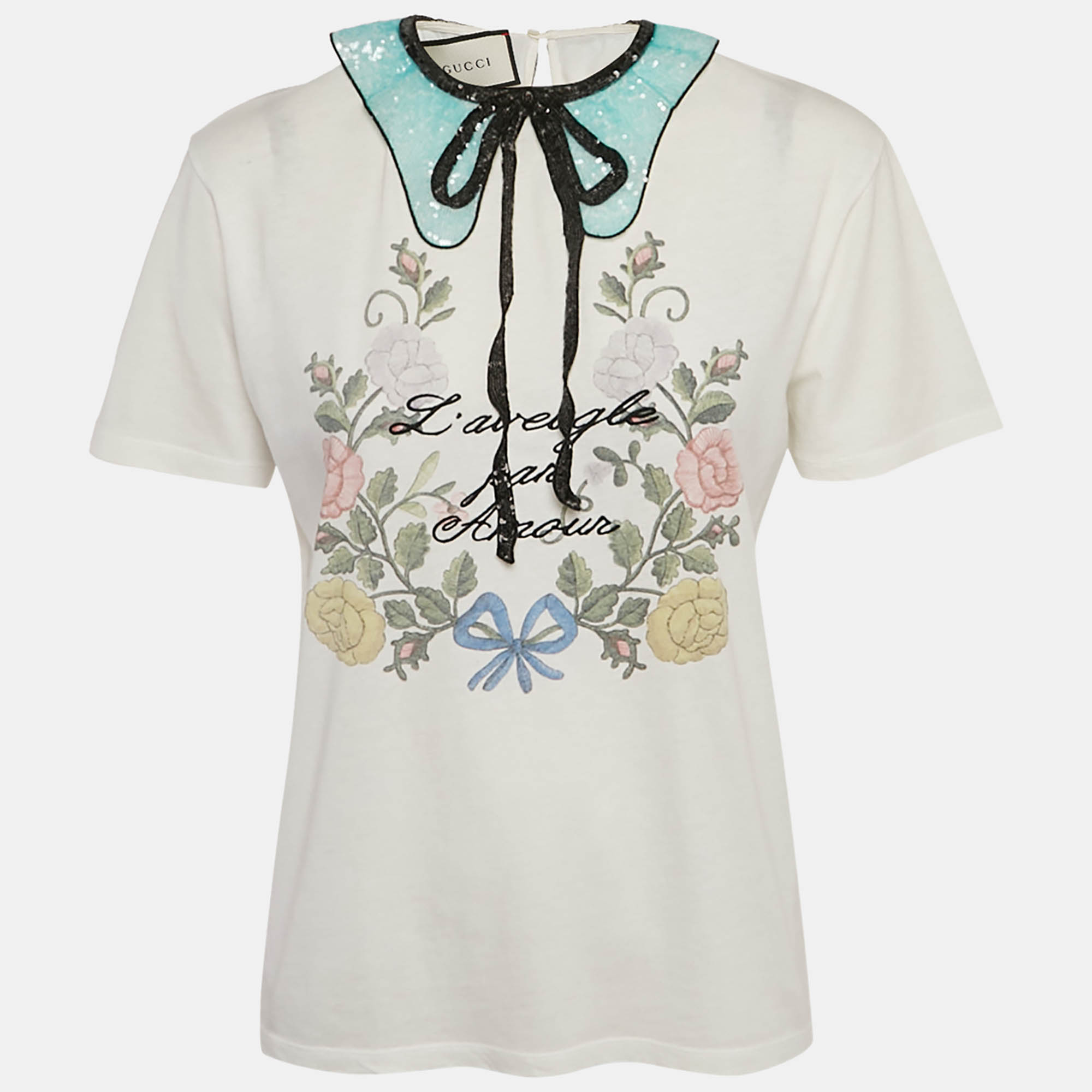 

Gucci White Floral Print Jersey Sequin Collar Top M