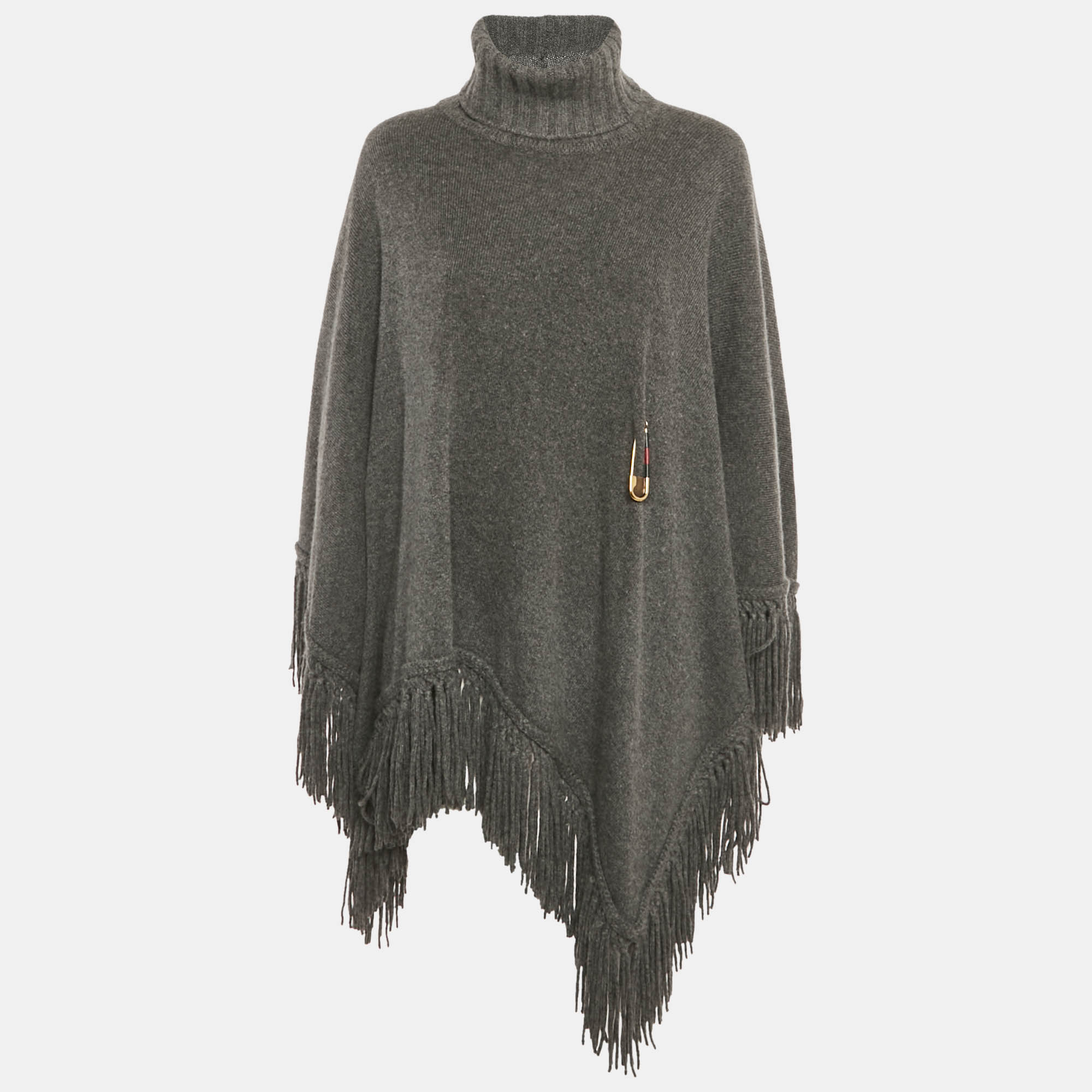 

Gucci Grey Cashmere Fringed Pin Detail Poncho M