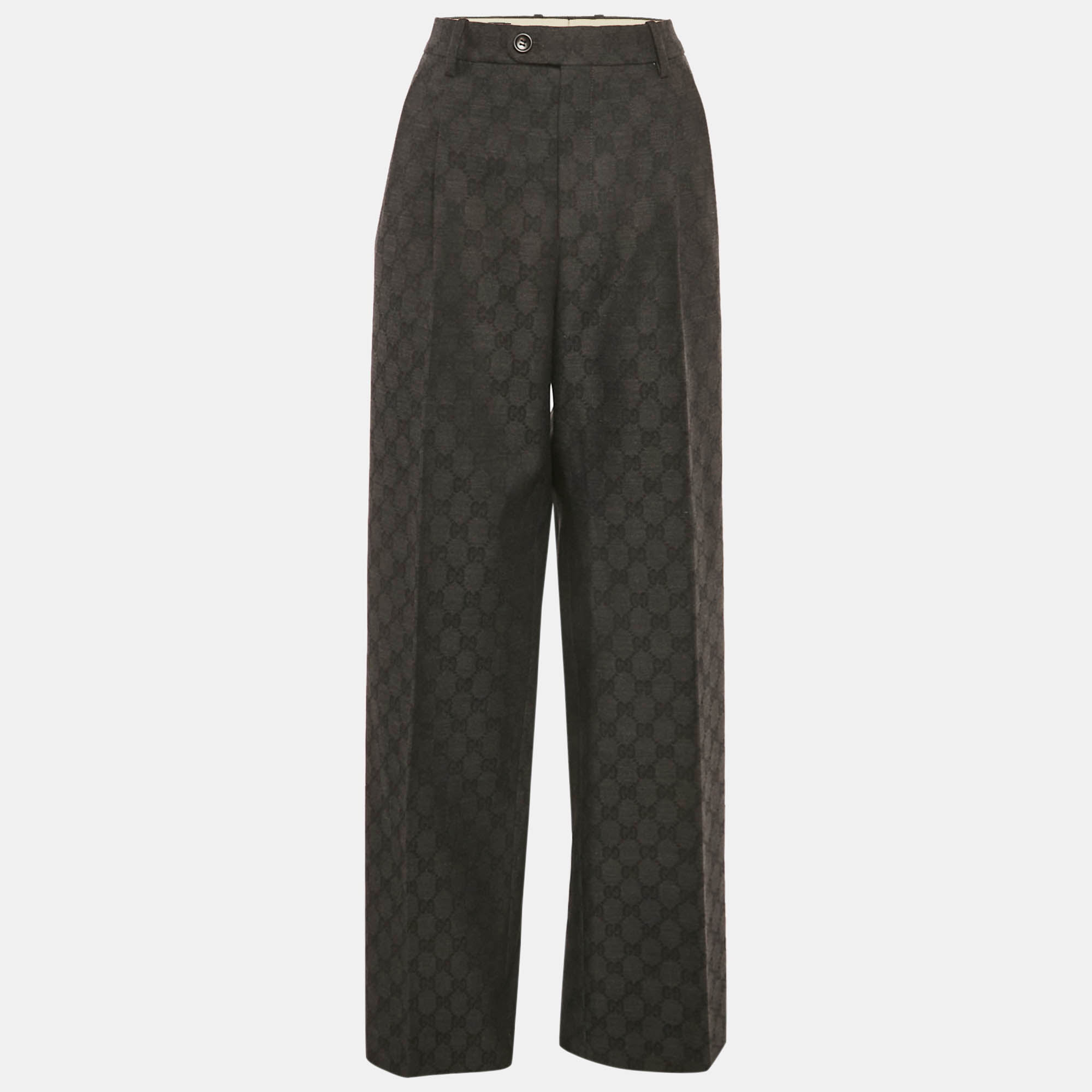 Pre-owned Gucci Charcoal Grey Wool Gg Pattern Pants M In Gray