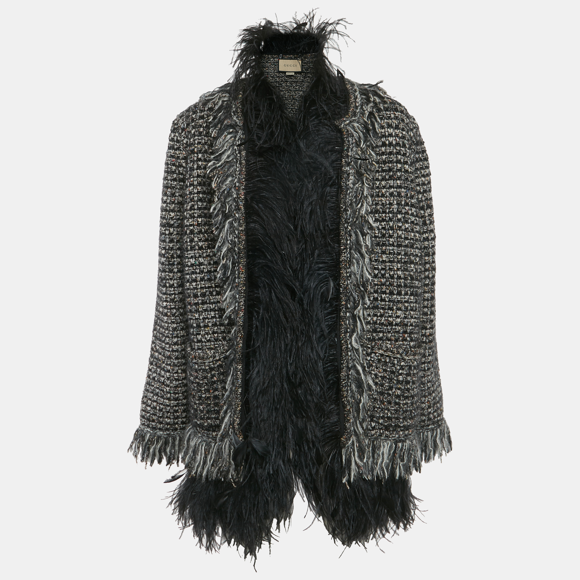 

Gucci Monochrome Feather Trim Tweed Open Front Cardigan S, Black