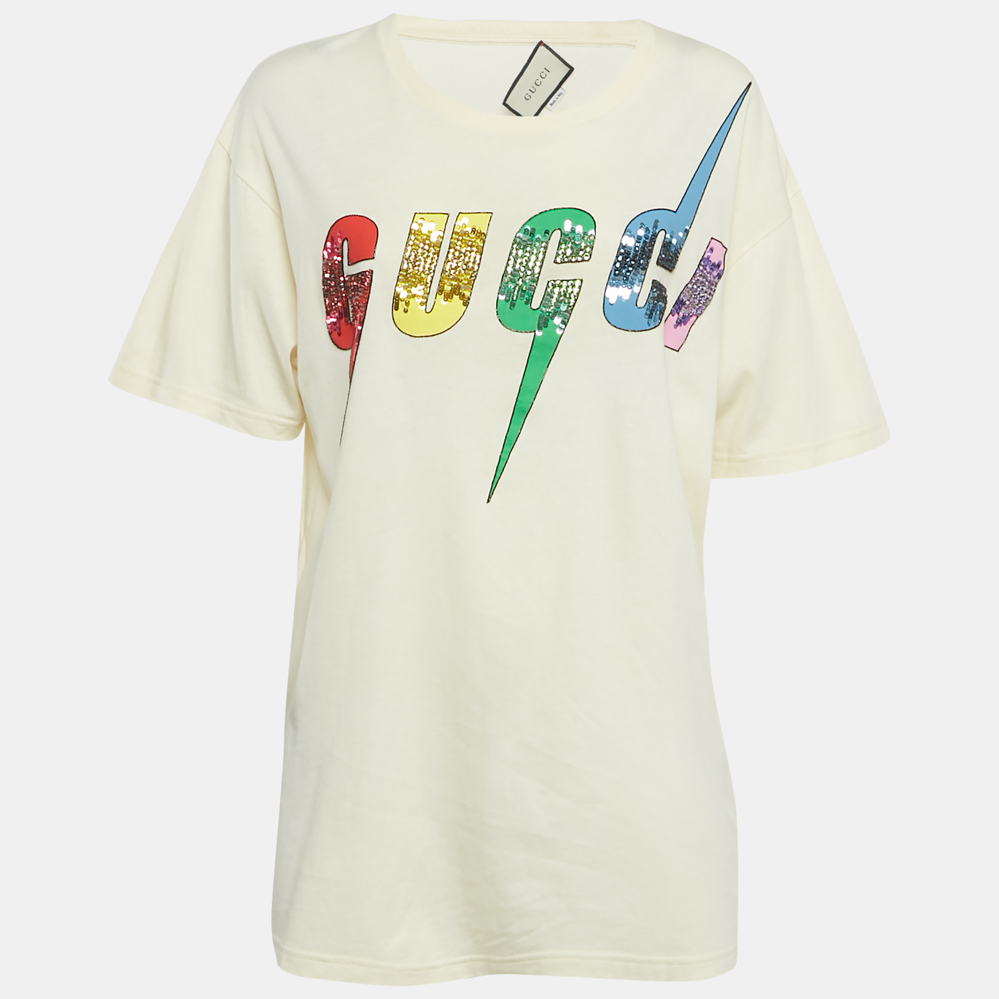 

Gucci Cream Embellished Logo Jersey Oversized T-Shirt S