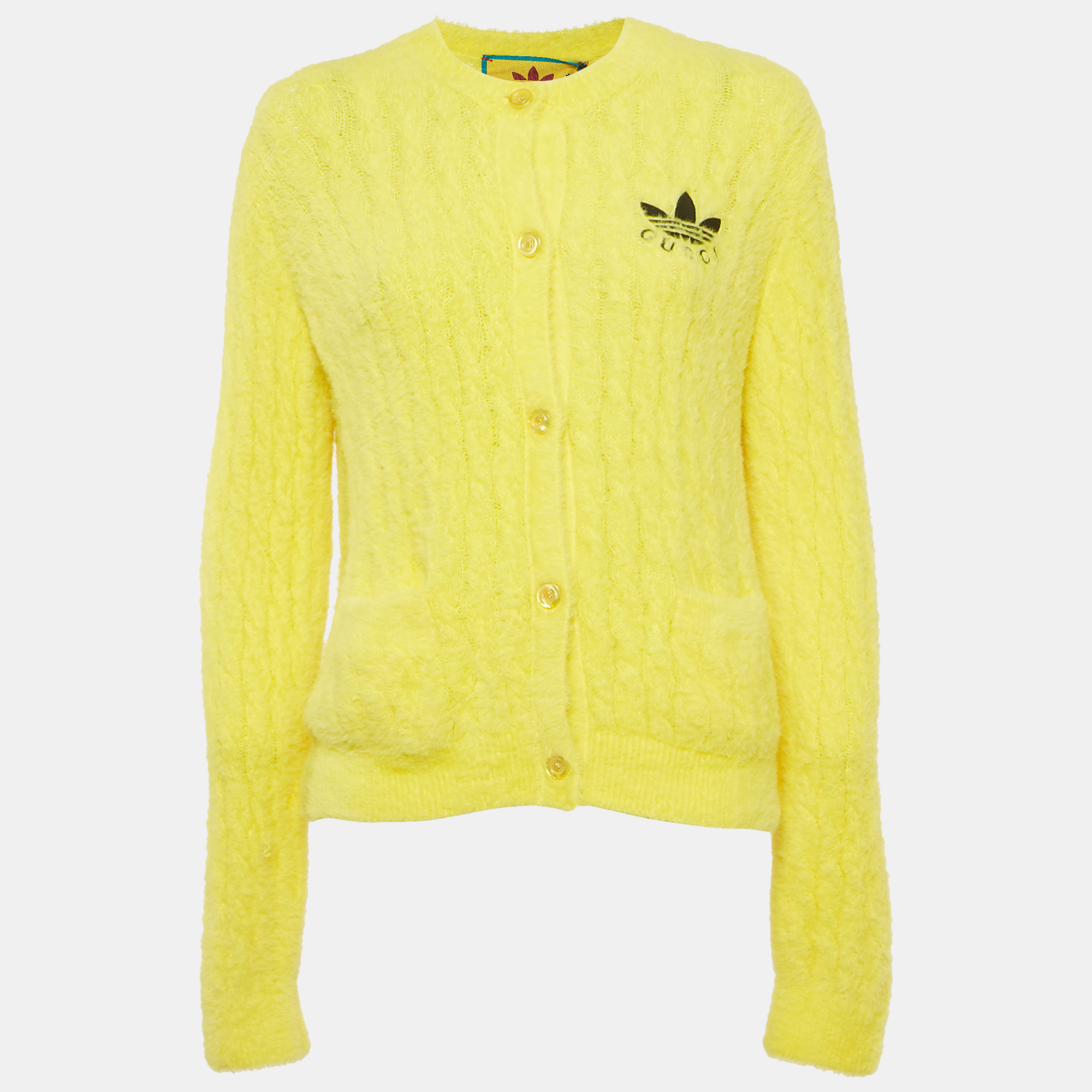 

Gucci X Adidas Yellow Embroidered Faux Fur Buttoned Cardigan XL