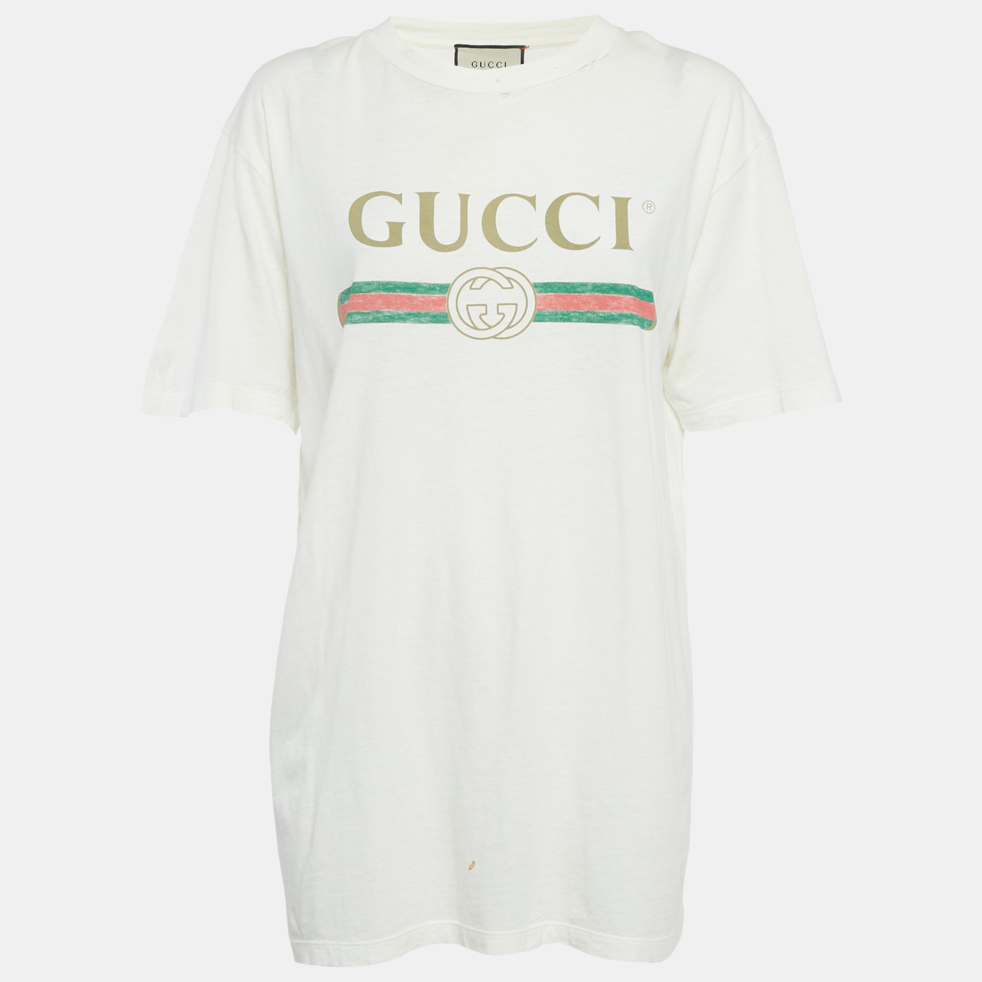 

Gucci White Print Cotton Distressed T-Shirt M