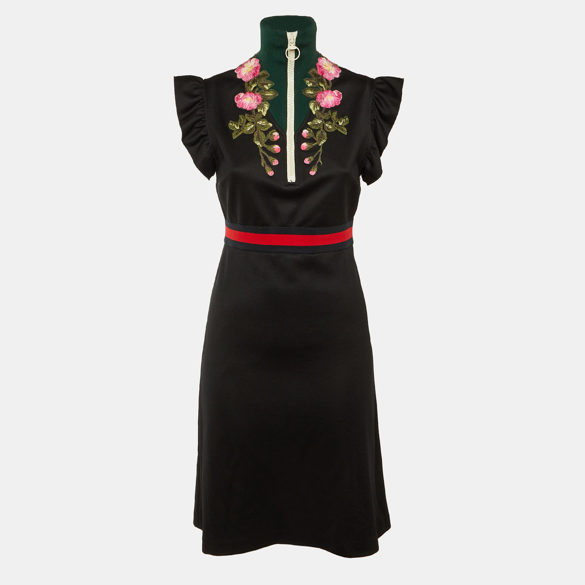 

Gucci Black Floral Embroidered Technical Jersey Turtle Neck Dress M