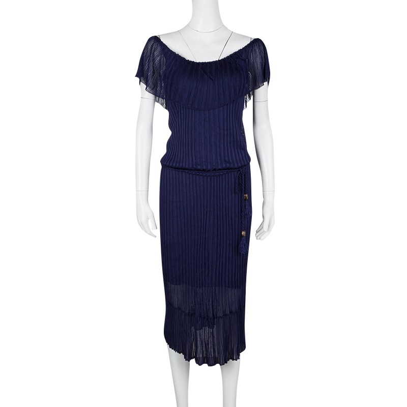 

Gucci Navy Blue Perforated Rib Knit Ruffle Detail Belted Maxi Dress
