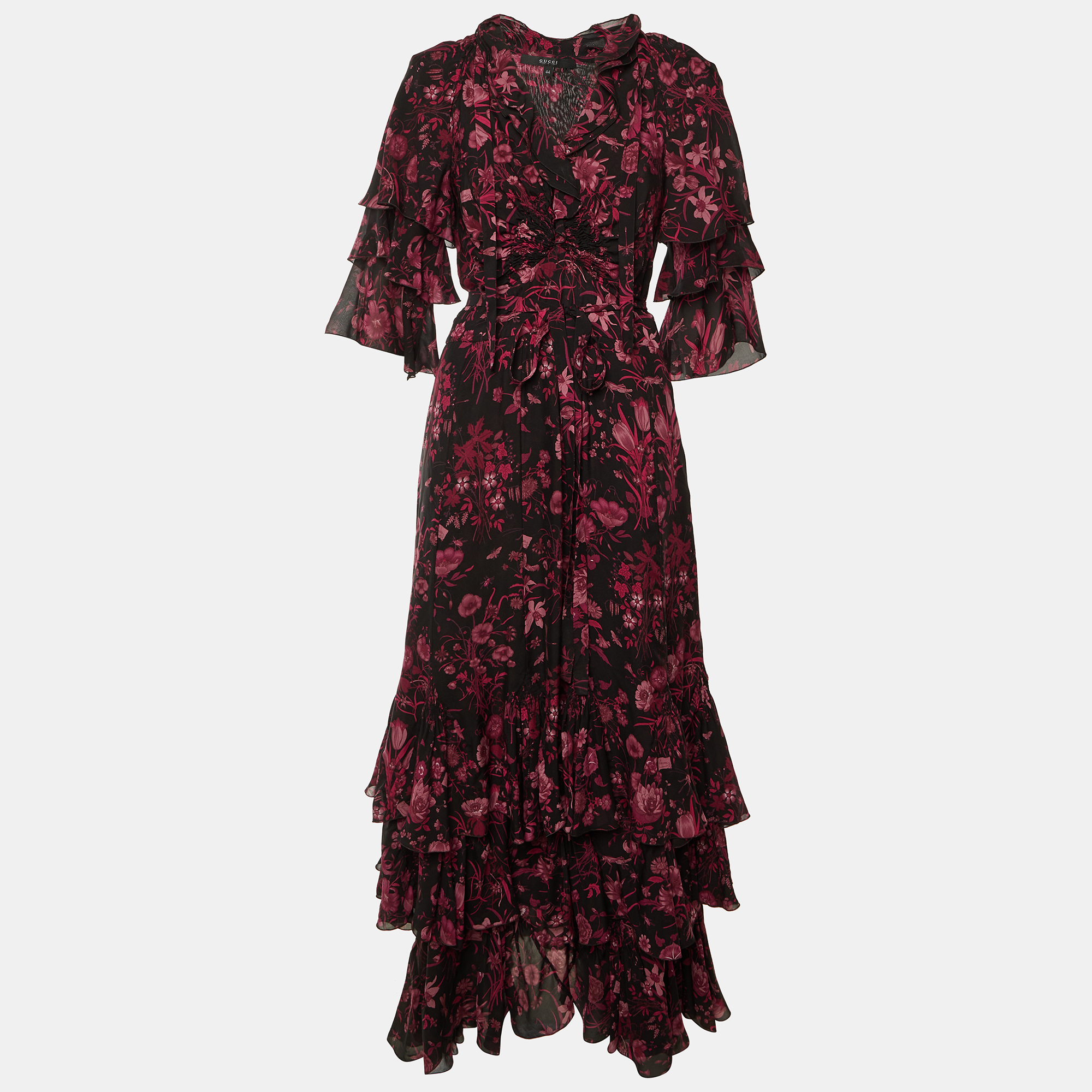 

Gucci Black Floral Print Tiered Maxi Dress M