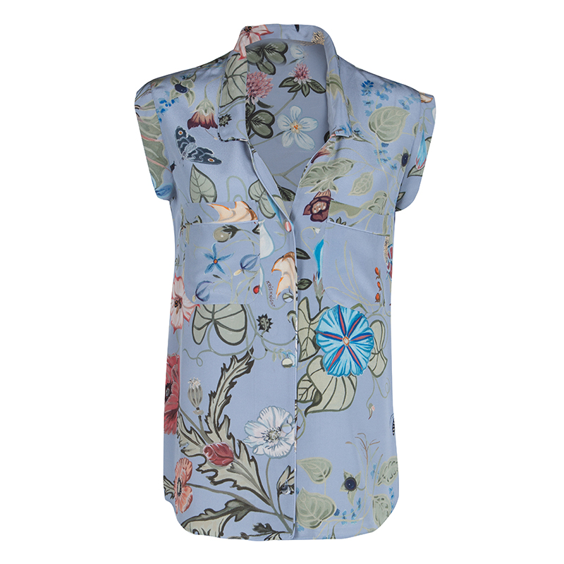 Gucci Blue  'Flora' by Kris Knight Printed Sleeveless Silk Shirt M