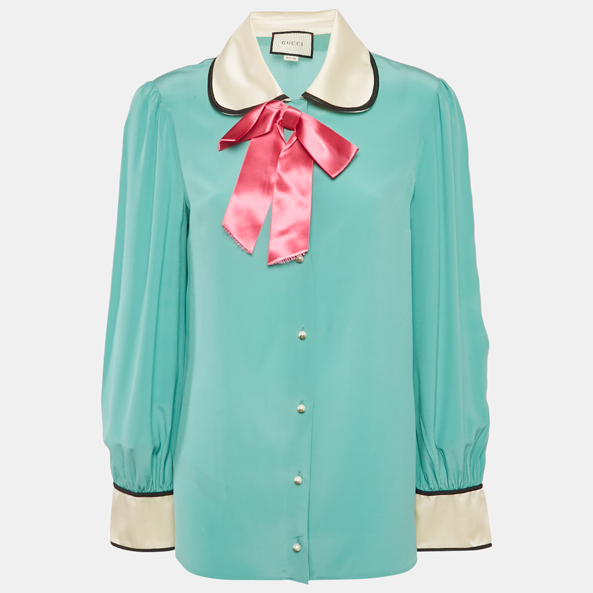 

Gucci Blue Silk Bow Detail Long Sleeve Blouse L