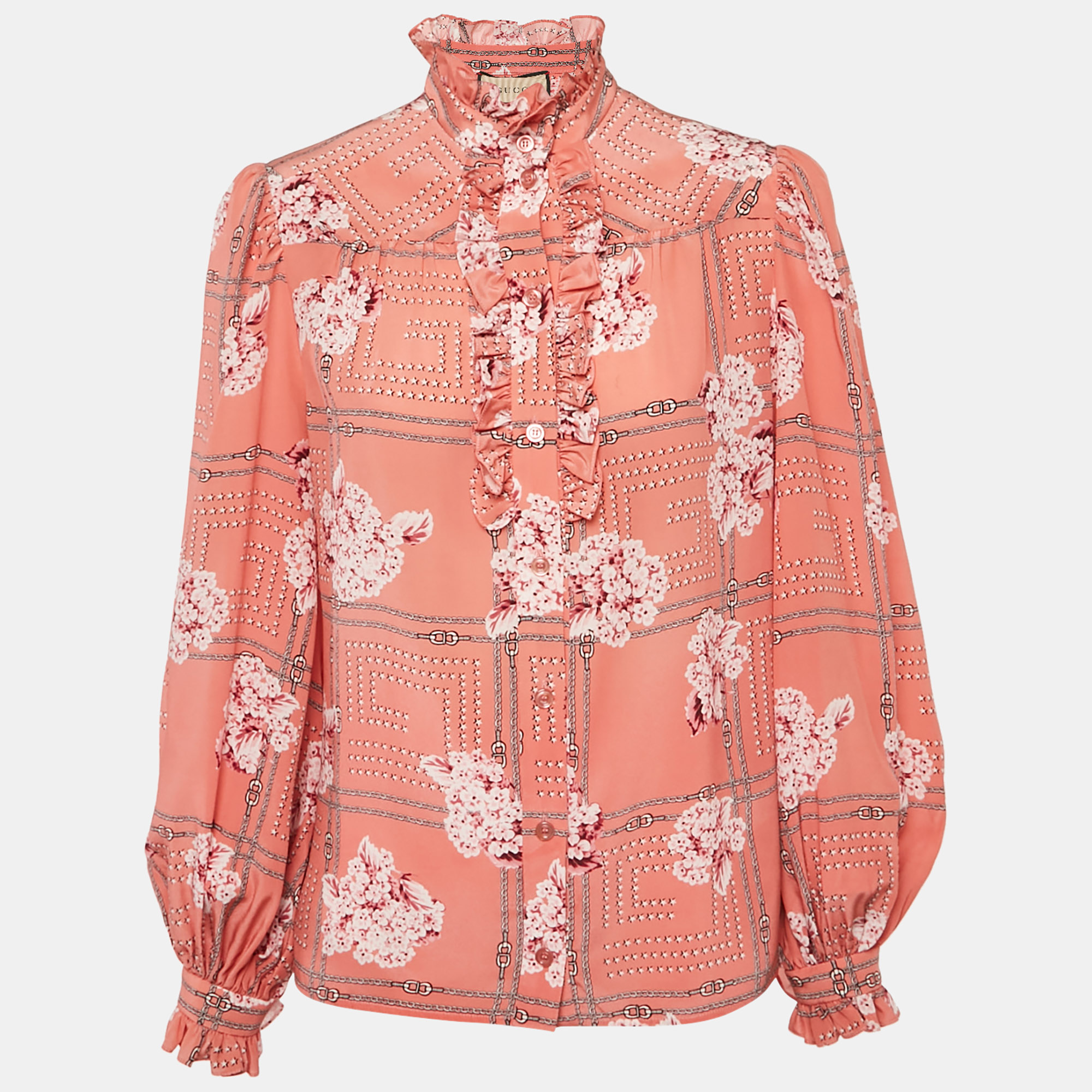 

Gucci Pink Floral Print Silk Ruffled Blouse S
