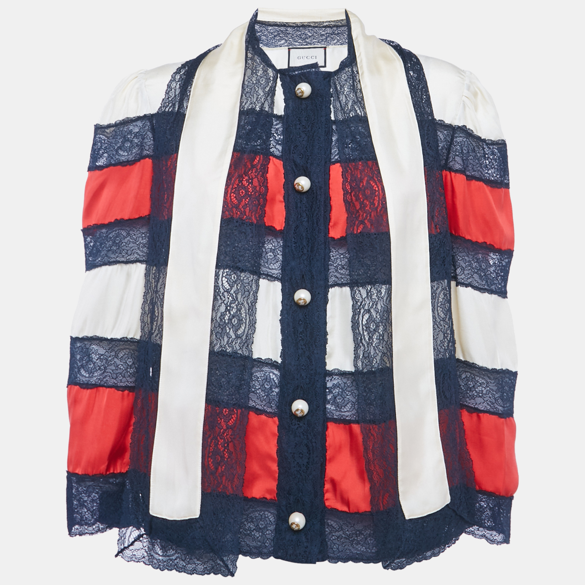 

Gucci Multicolour Striped Silk & Lace Bow Tie Neck Blouse L, Multicolor