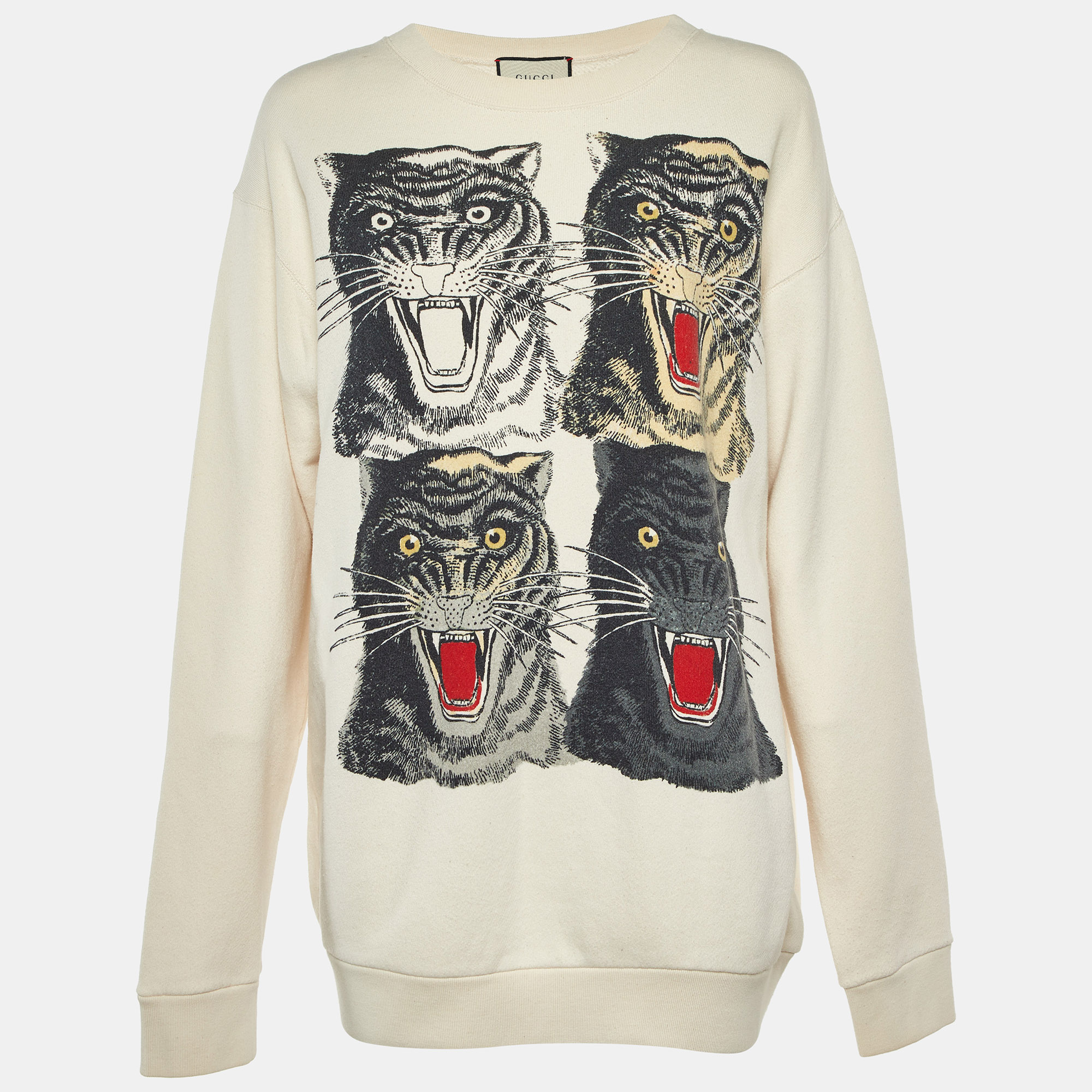 

Gucci Cream Vintage Logo Tiger Print Cotton Oversized Sweatshirt L
