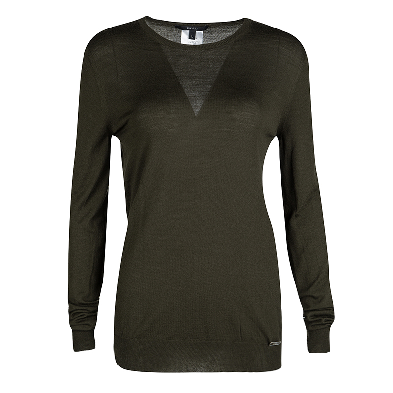Pre Owned Gucci Deep Olive Green Wool Long Sleeve Sweater L