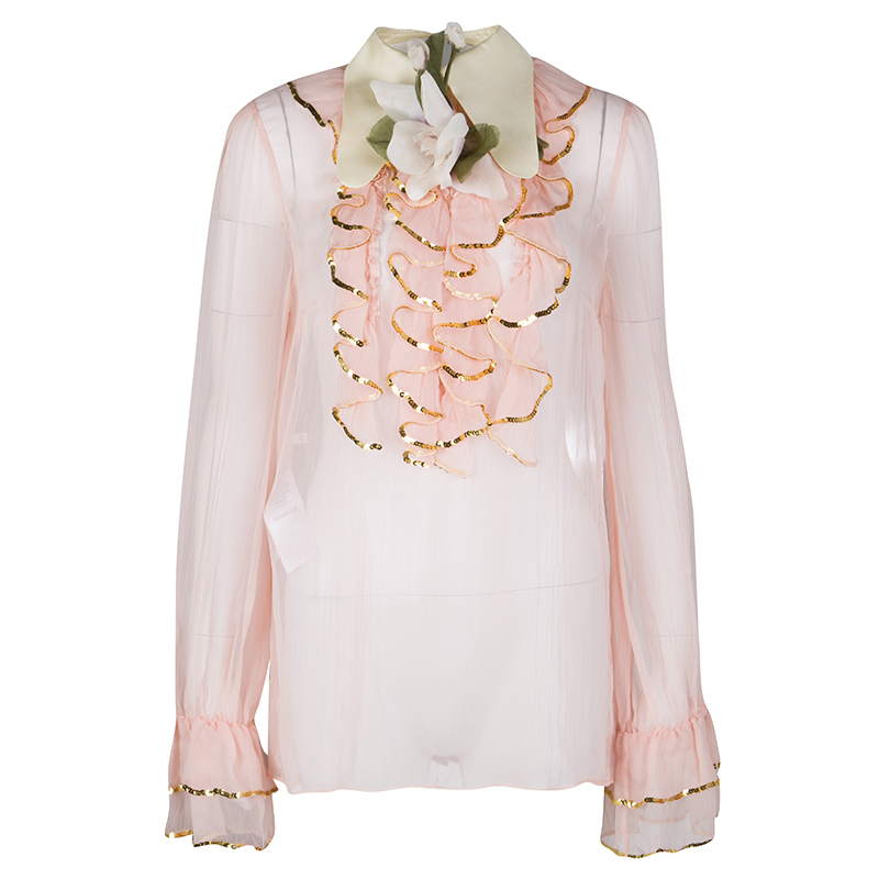 Gucci Pink Silk Sequined Trim Ruffle Detail Long Sleeve Blouse M