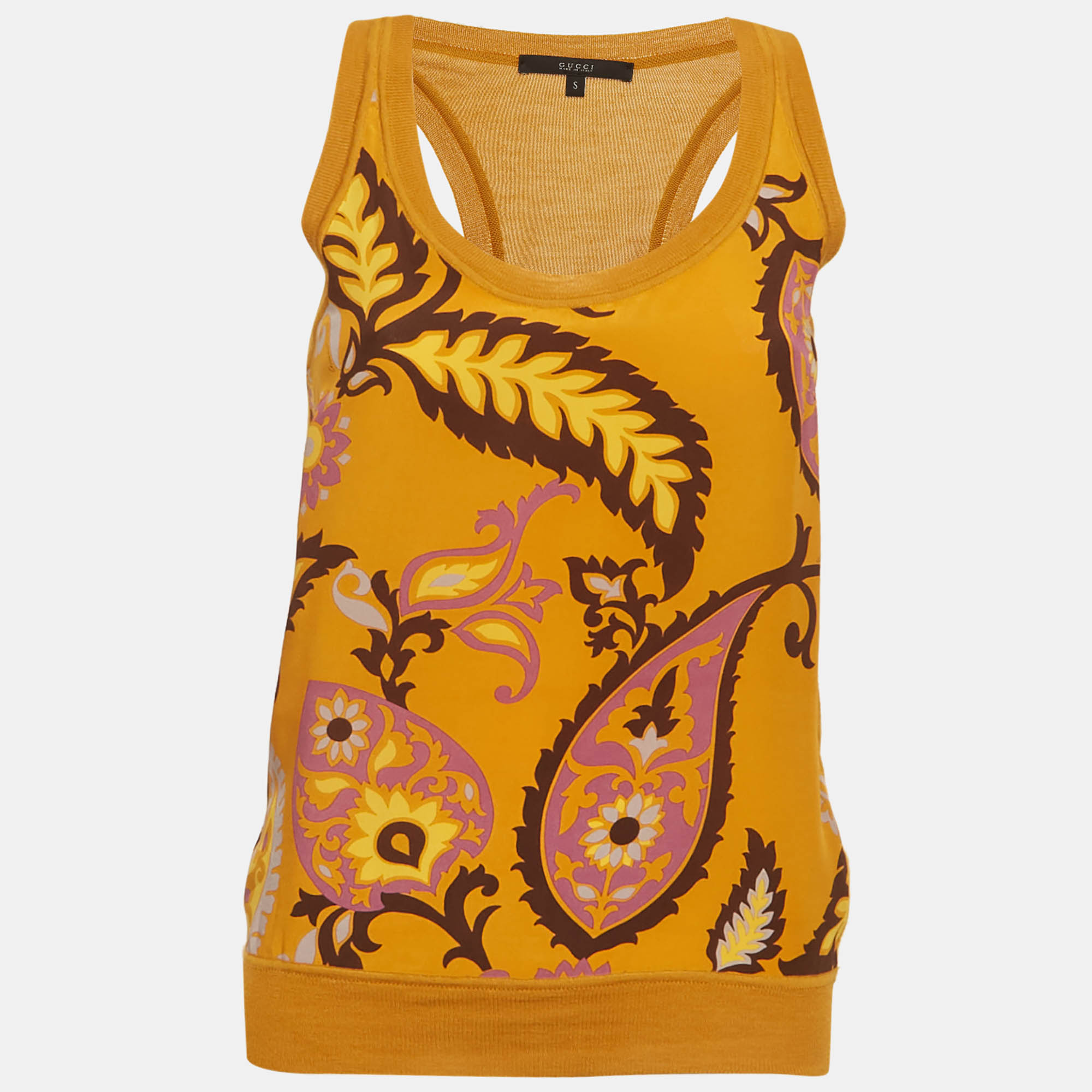 Pre-owned Gucci Yellow Printed Silk And Knit Tank Top S