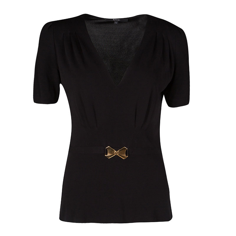 Pre Owned Gucci Black Knit Metal Logo Detail Short Sleeve Top L