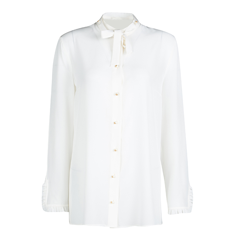 Gucci Off White Silk Pearl Logo Button Front Bow Tie Detail Blouse M ...