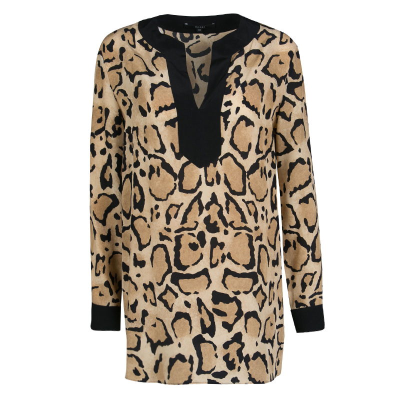 Pre Owned Gucci Beige Animal Printed Silk Contrast Trim Long Sleeve Blouse M