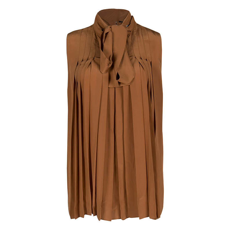 Gucci Tan Brown Pleated Silk Sleeveless Tie Front Top M