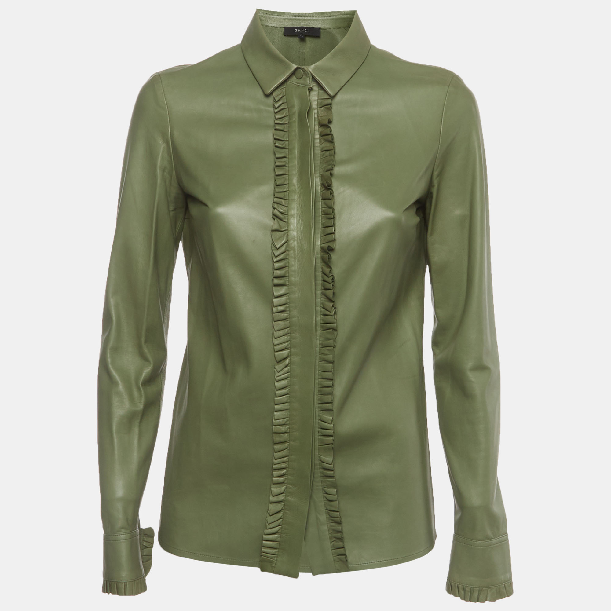 Pre-owned Gucci Green Leather Ruffle Trim Button-up Blouse S