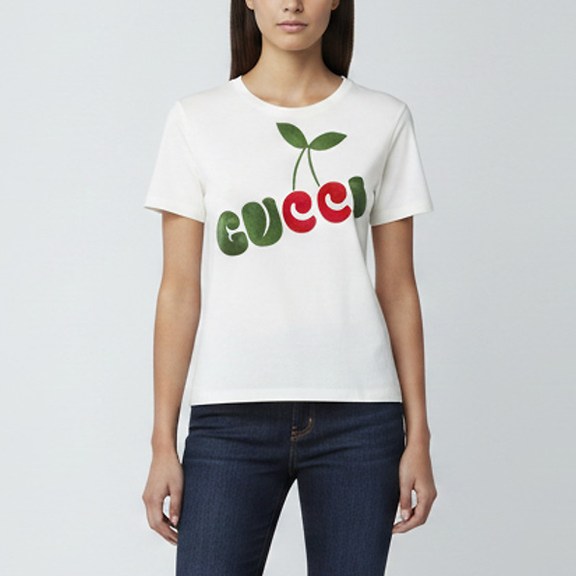 Gucci White Gucci Cherry Embroidered Cotton Crop TShirt XS