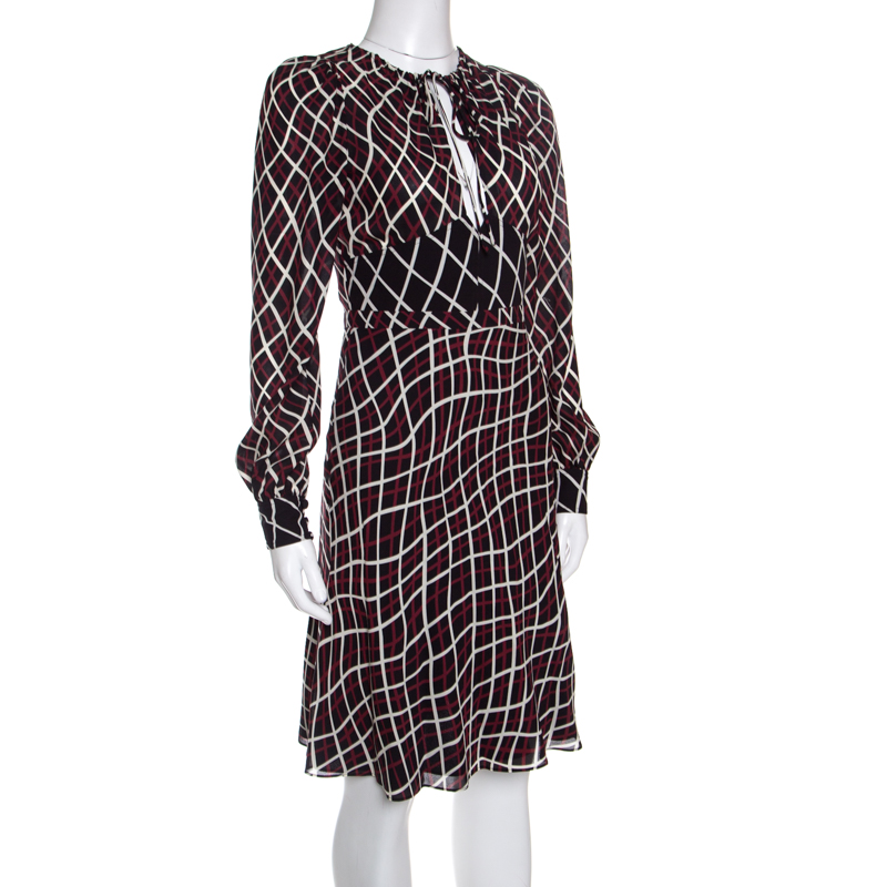 

Gucci Black Checked Tie Detail Long Sleeve Silk Dress